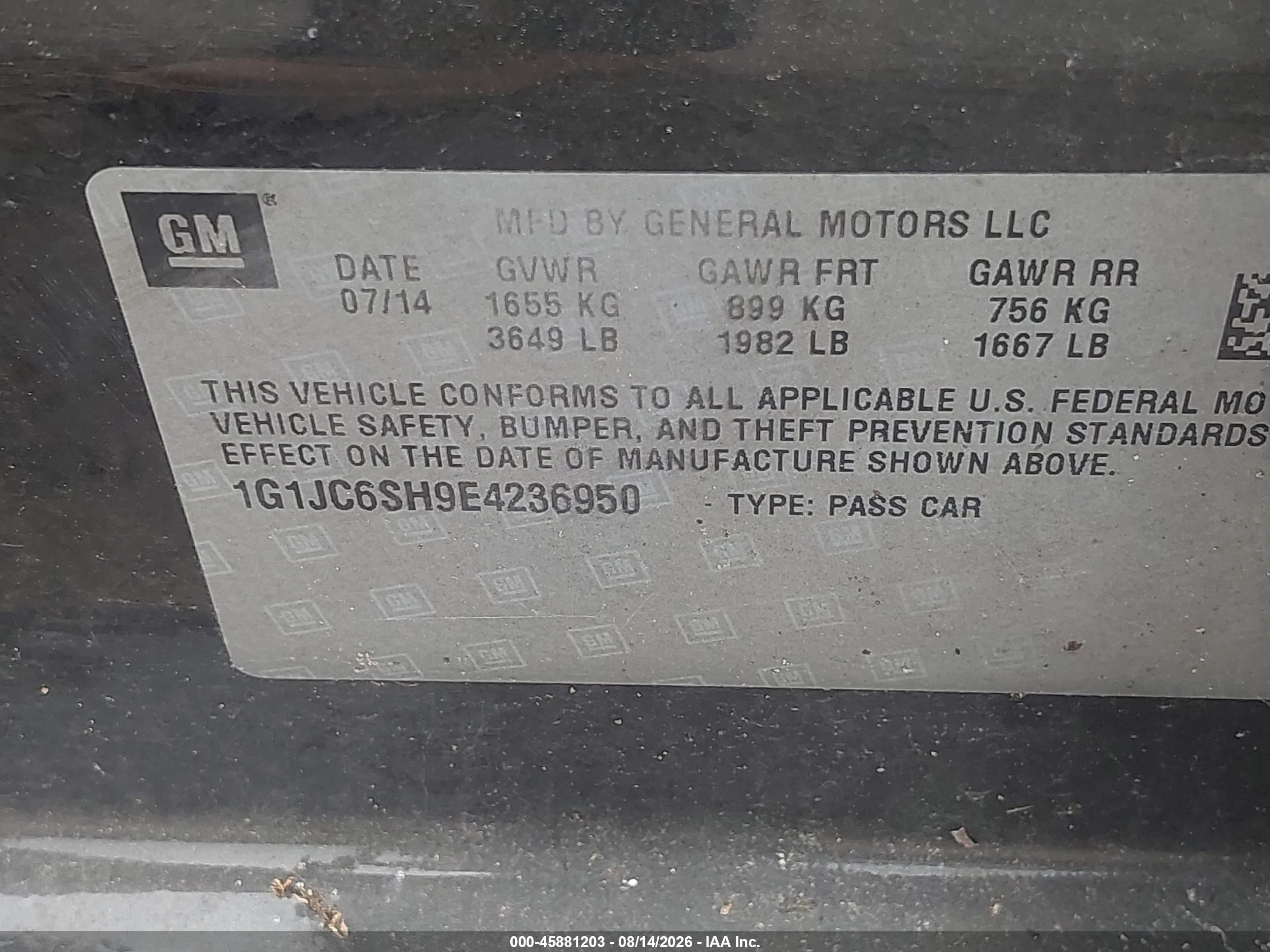 2014 Chevrolet Sonic Lt Auto Black vin: 1G1JC6SH9E4236950