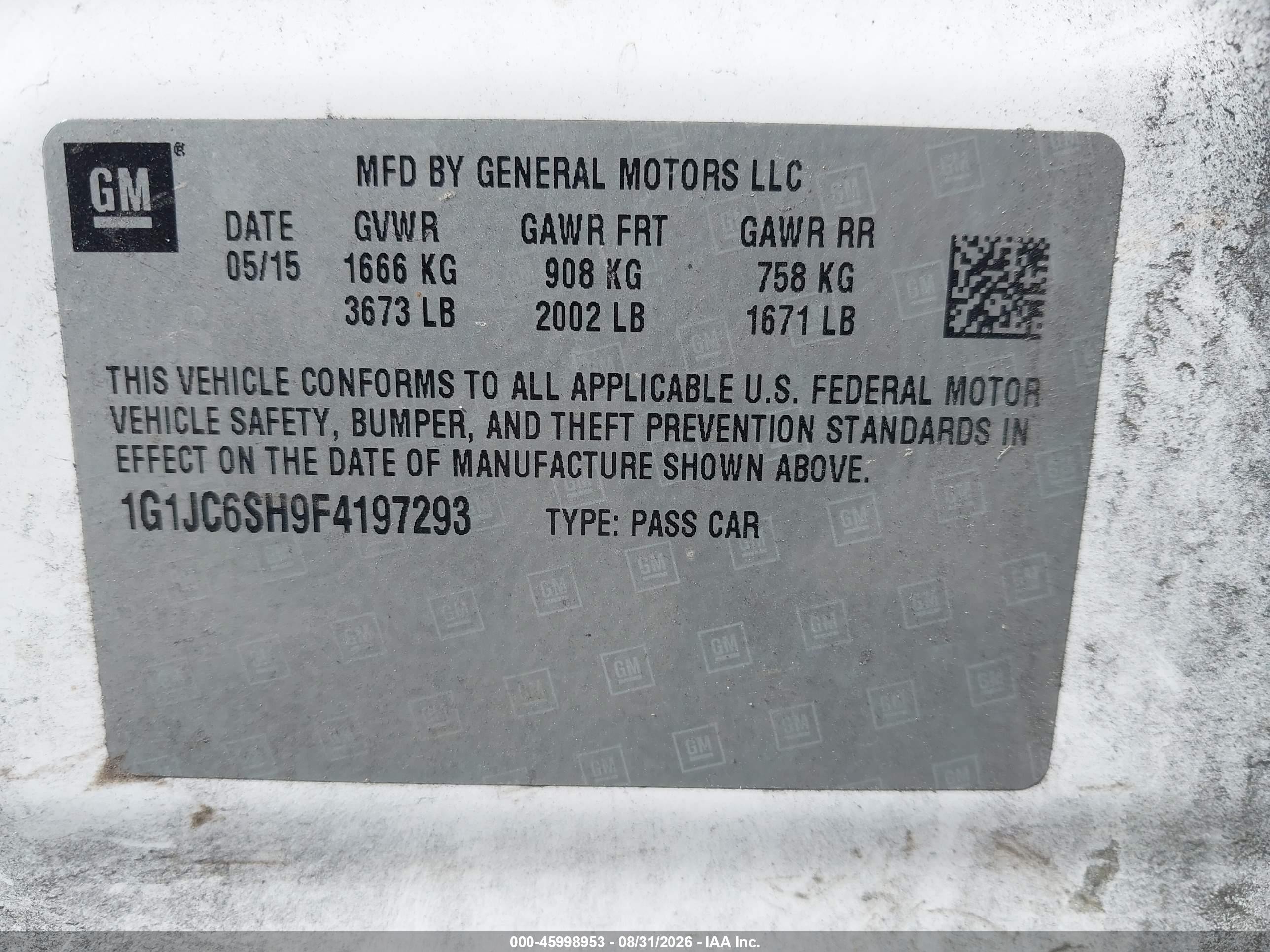 2015 Chevrolet Sonic Lt Auto White vin: 1G1JC6SH9F4197293