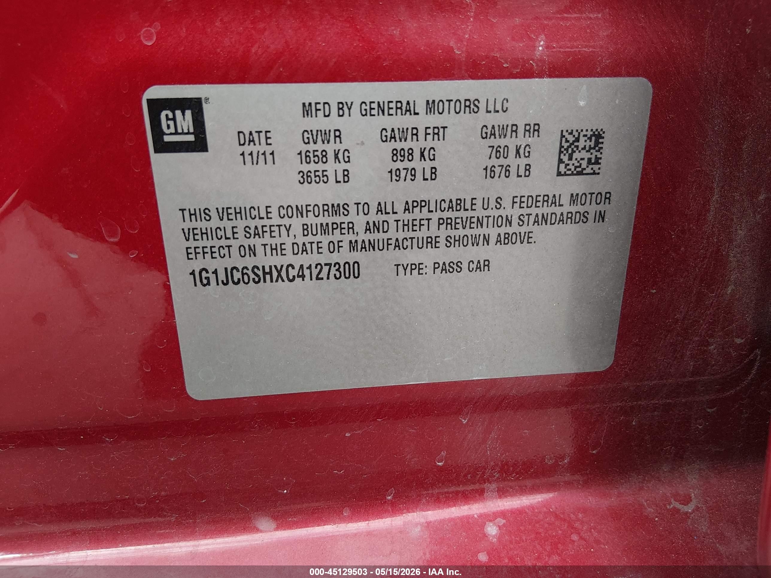 2012 Chevrolet Sonic 2lt Red vin: 1G1JC6SHXC4127300
