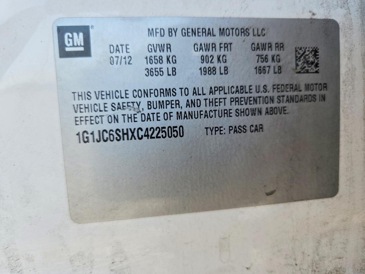 2012 Chevrolet Sonic Lt White vin: 1G1JC6SHXC4225050
