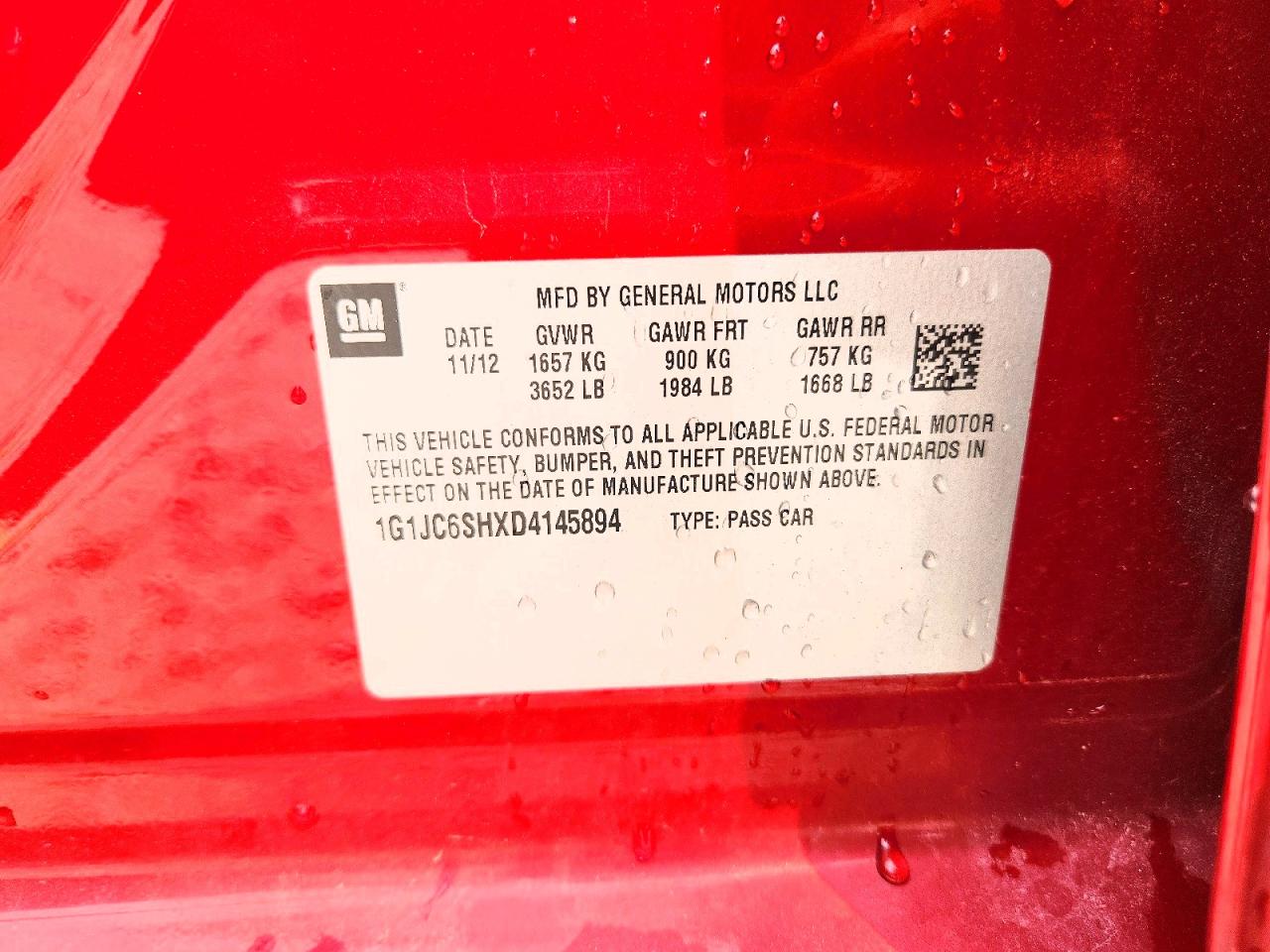 2013 Chevrolet Sonic Lt Red vin: 1G1JC6SHXD4145894