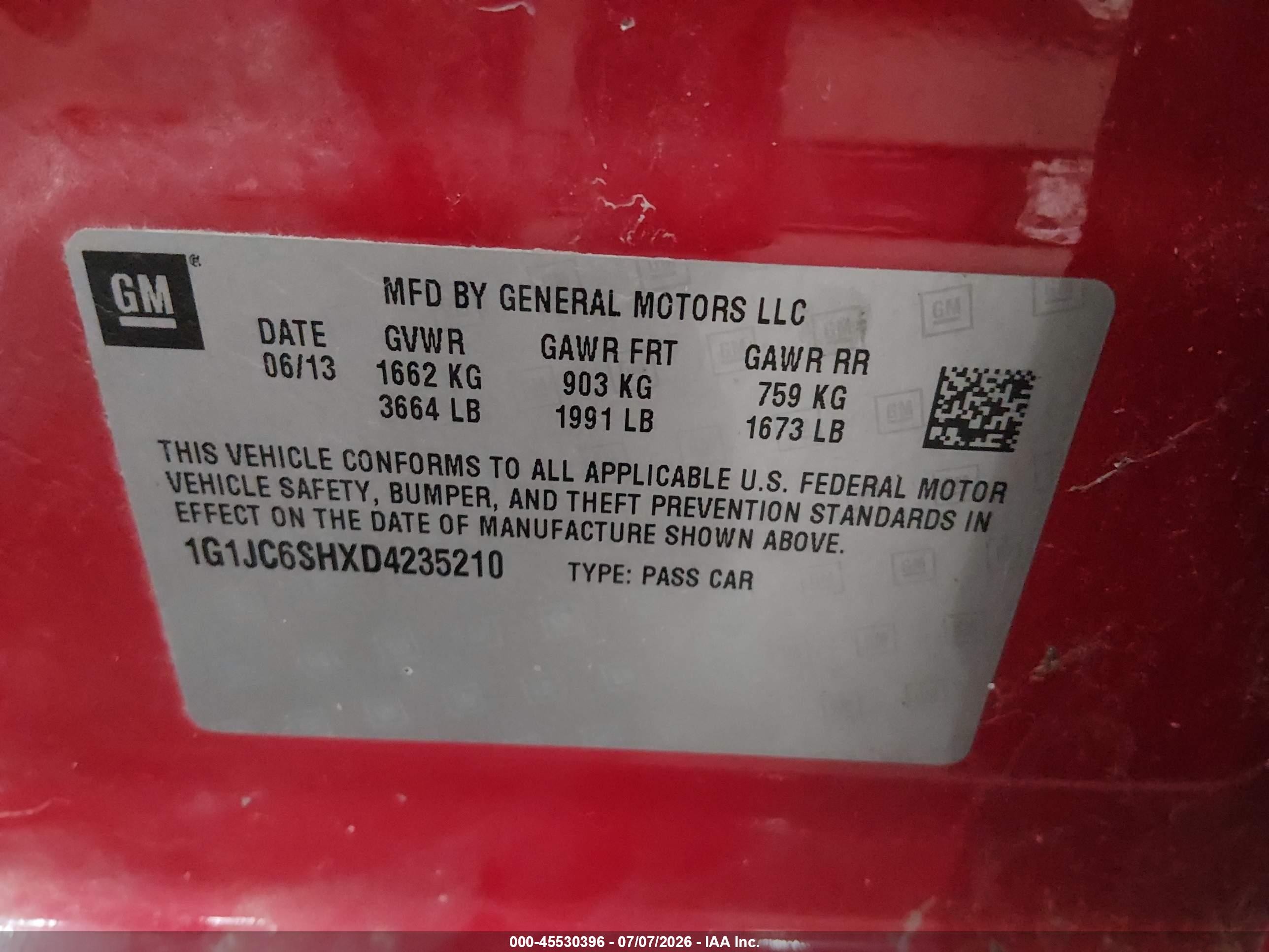 2013 Chevrolet Sonic Lt Auto Red vin: 1G1JC6SHXD4235210