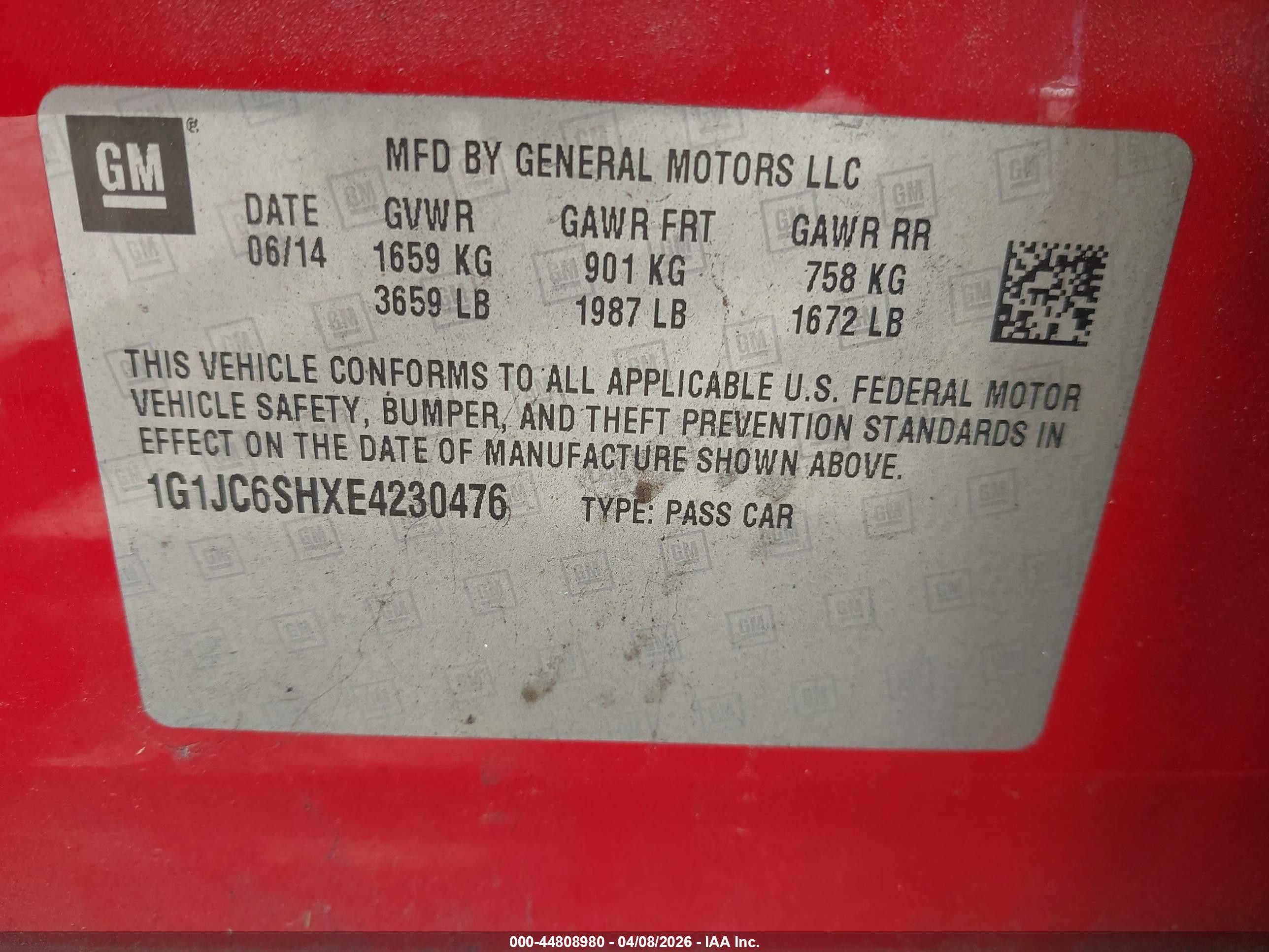 2014 Chevrolet Sonic Lt Auto Red vin: 1G1JC6SHXE4230476