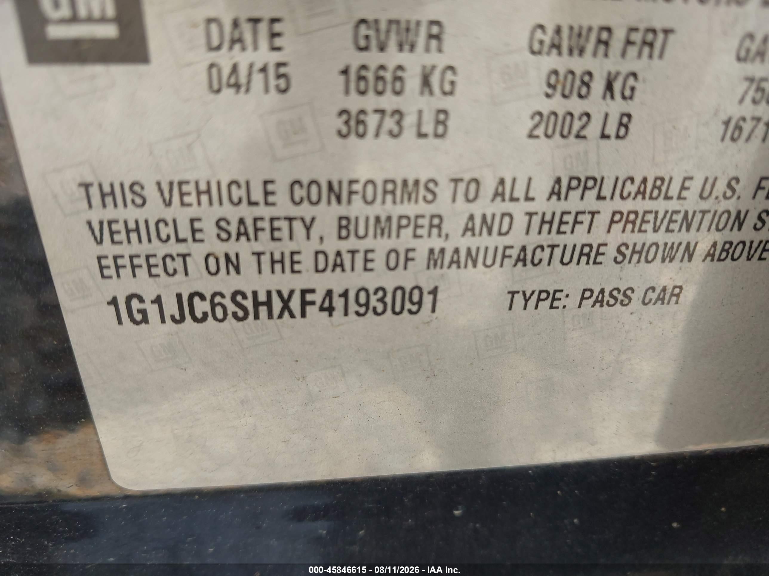 2015 Chevrolet Sonic Lt Auto Black vin: 1G1JC6SHXF4193091