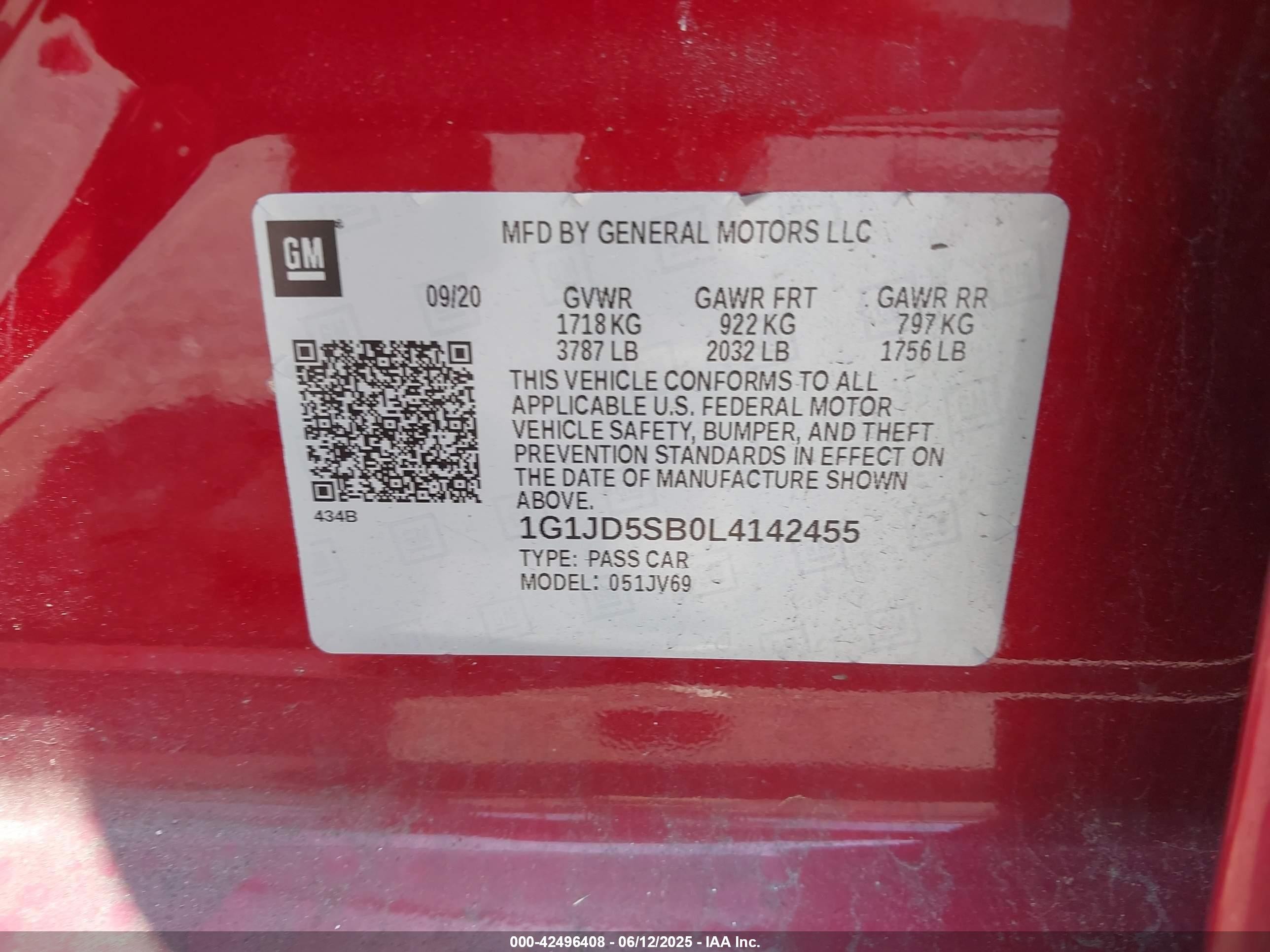 2020 Chevrolet Sonic Fwd  Lt Red vin: 1G1JD5SB0L4142455