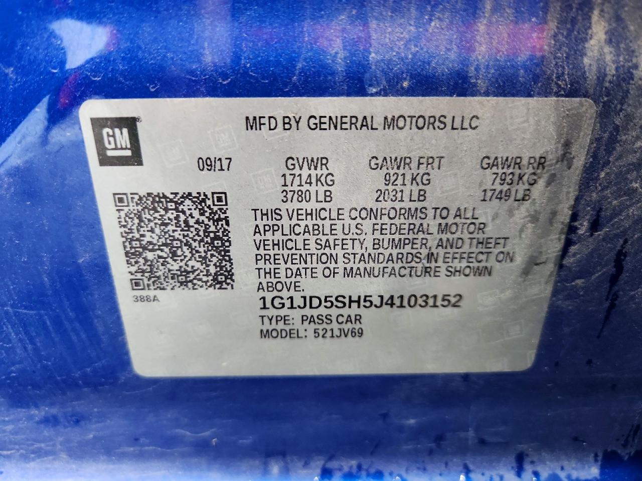 2018 Chevrolet Sonic Lt Blue vin: 1G1JD5SH5J4103152