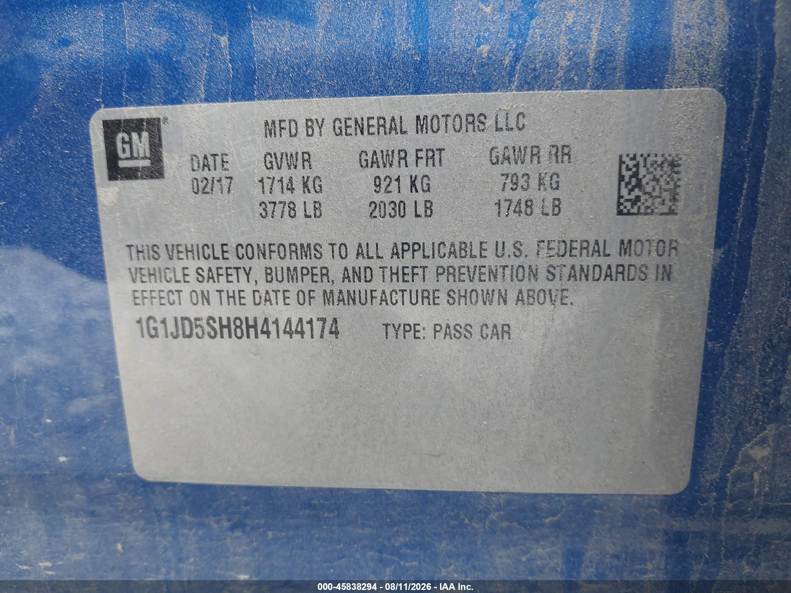2017 Chevrolet Sonic Lt Auto Blue vin: 1G1JD5SH8H4144174