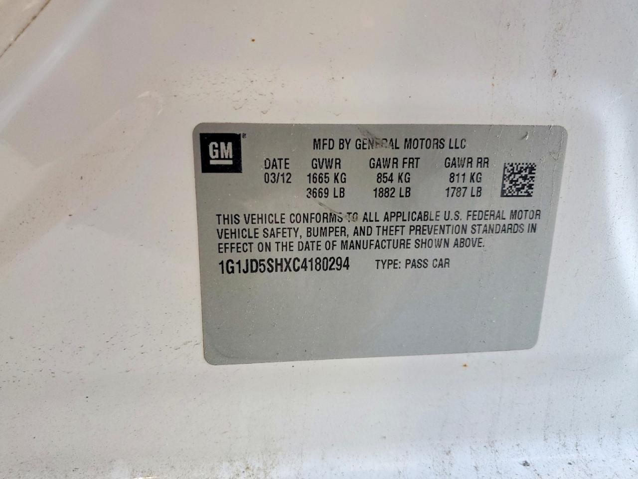 2012 Chevrolet Sonic Lt White vin: 1G1JD5SHXC4180294
