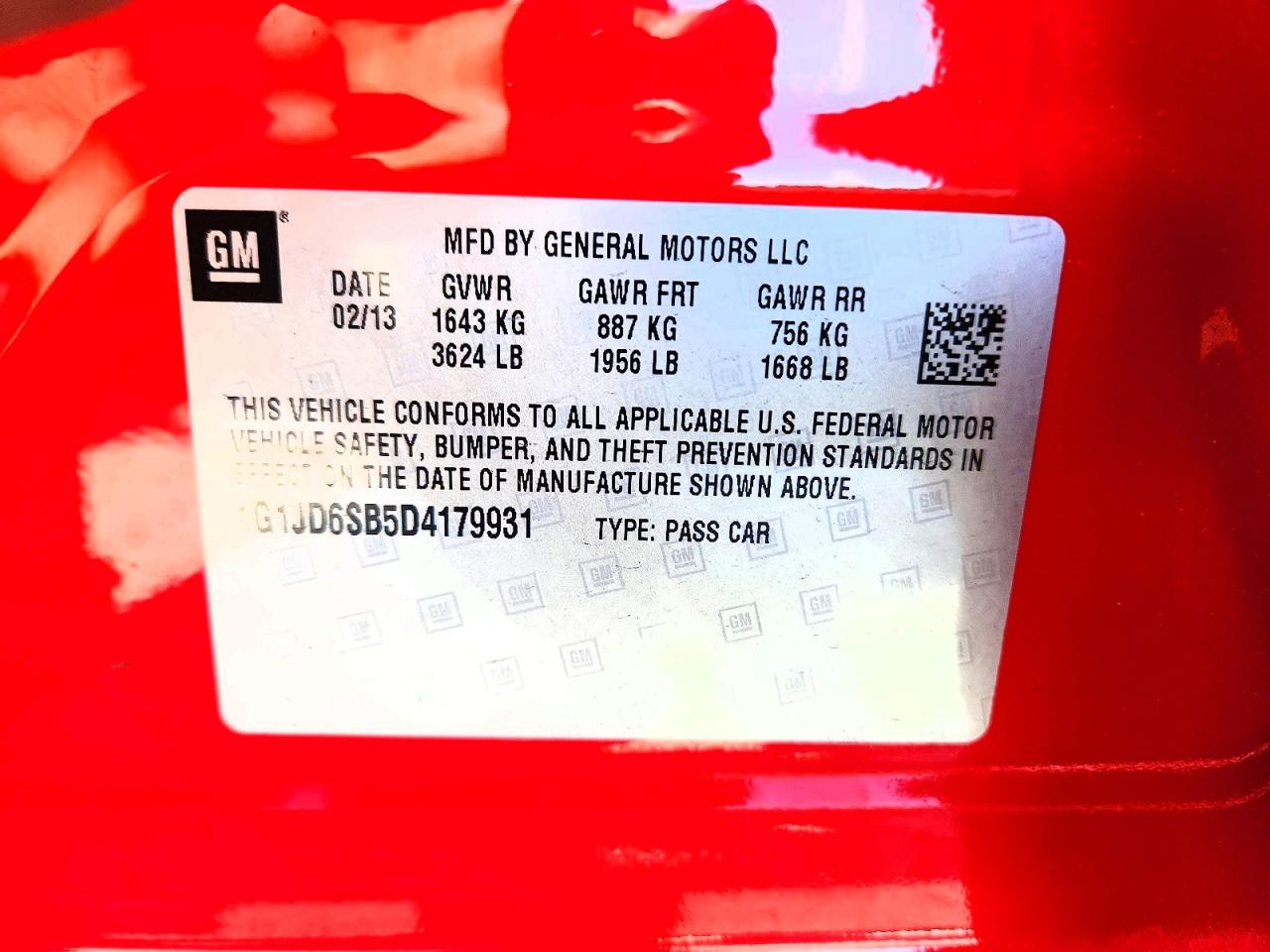 2013 Chevrolet Sonic Lt Red vin: 1G1JD6SB5D4179931