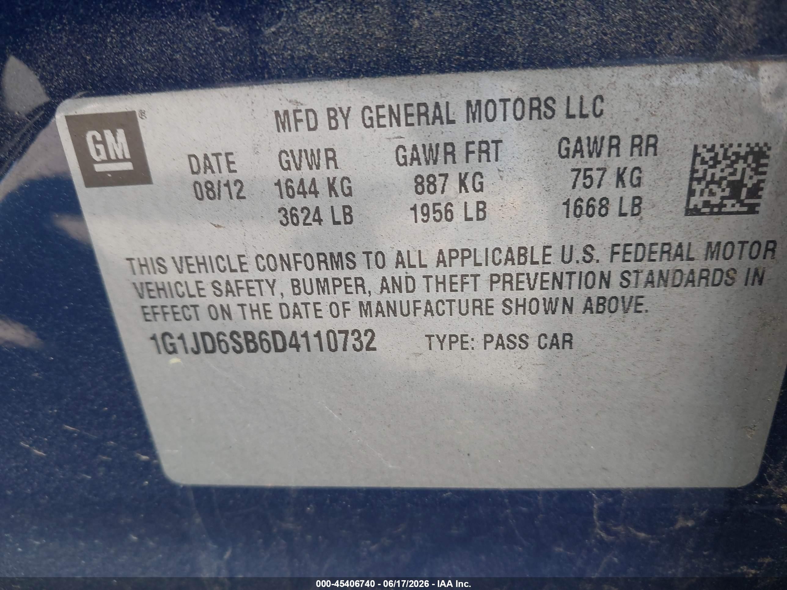 2013 Chevrolet Sonic Lt Manual Blue vin: 1G1JD6SB6D4110732