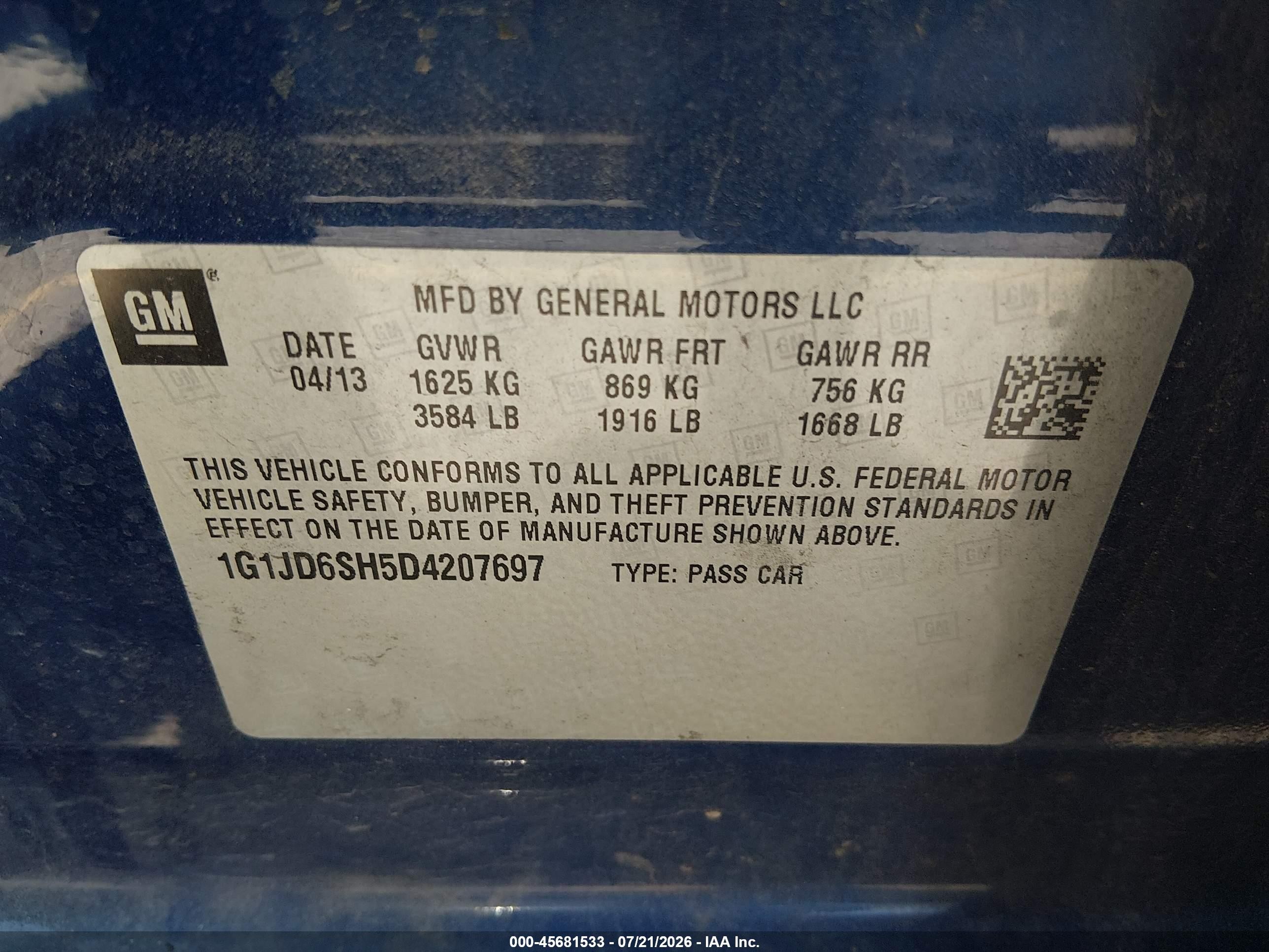 2013 Chevrolet Sonic Lt Manual Blue vin: 1G1JD6SH5D4207697