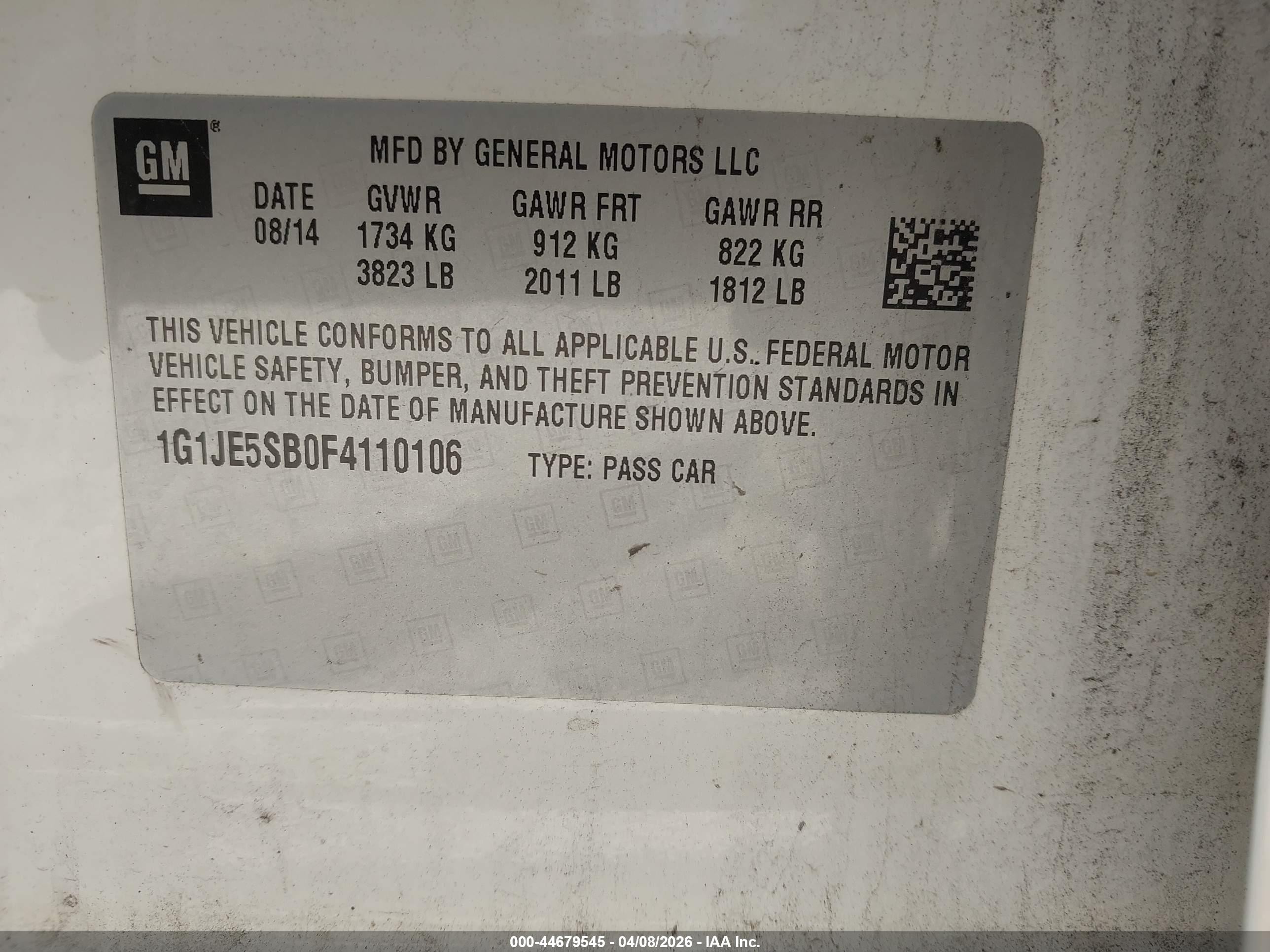2015 Chevrolet Sonic Ltz Auto White vin: 1G1JE5SB0F4110106