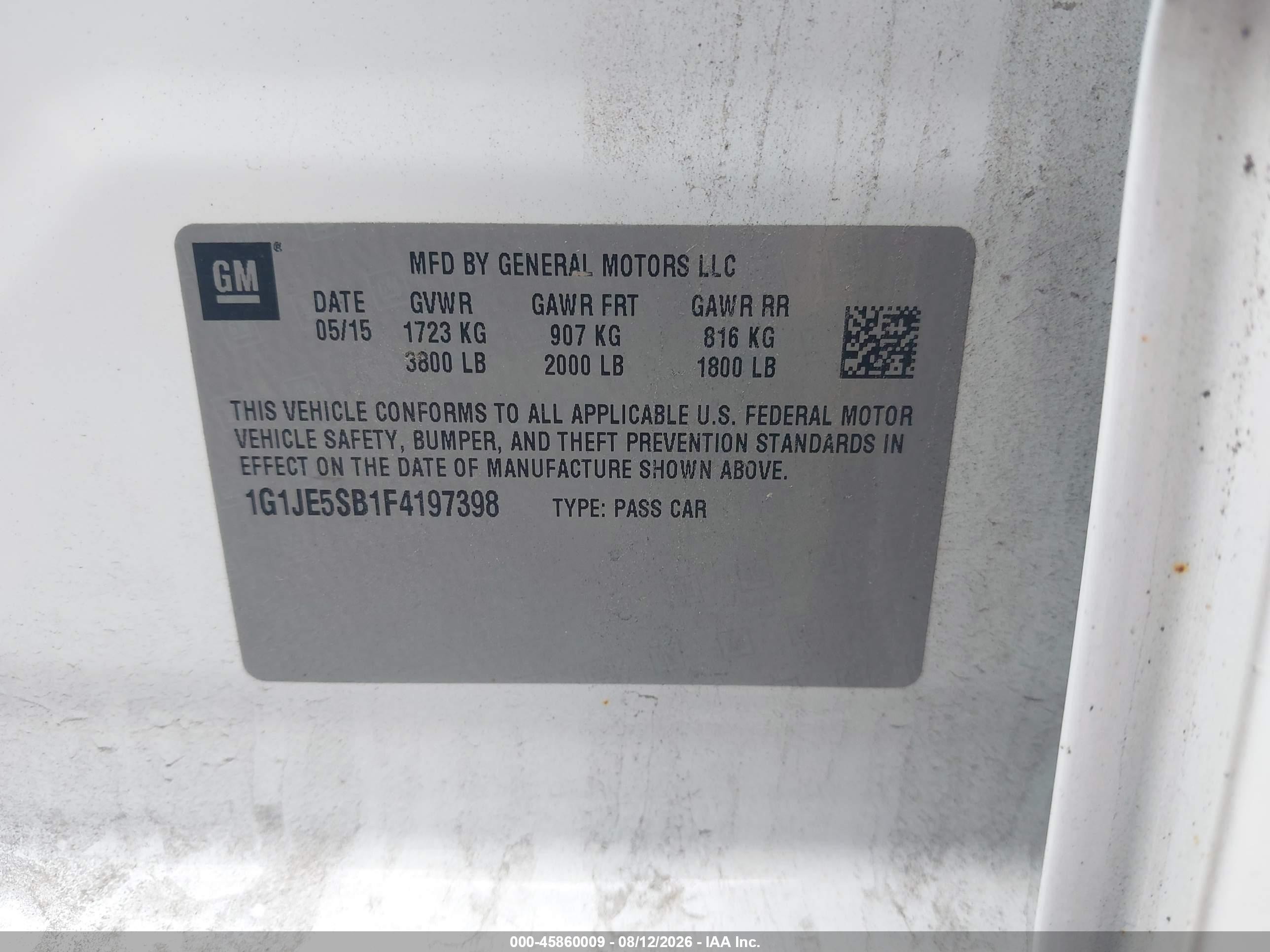 2015 Chevrolet Sonic Ltz Auto Белый vin: 1G1JE5SB1F4197398