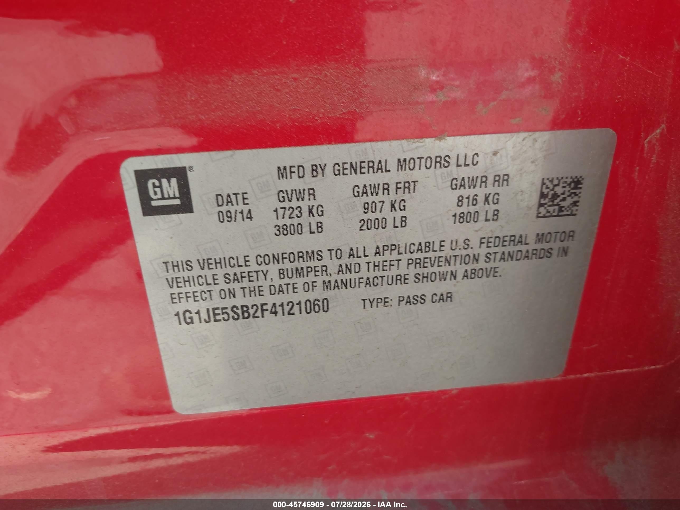 2015 Chevrolet Sonic Ltz Auto Red vin: 1G1JE5SB2F4121060