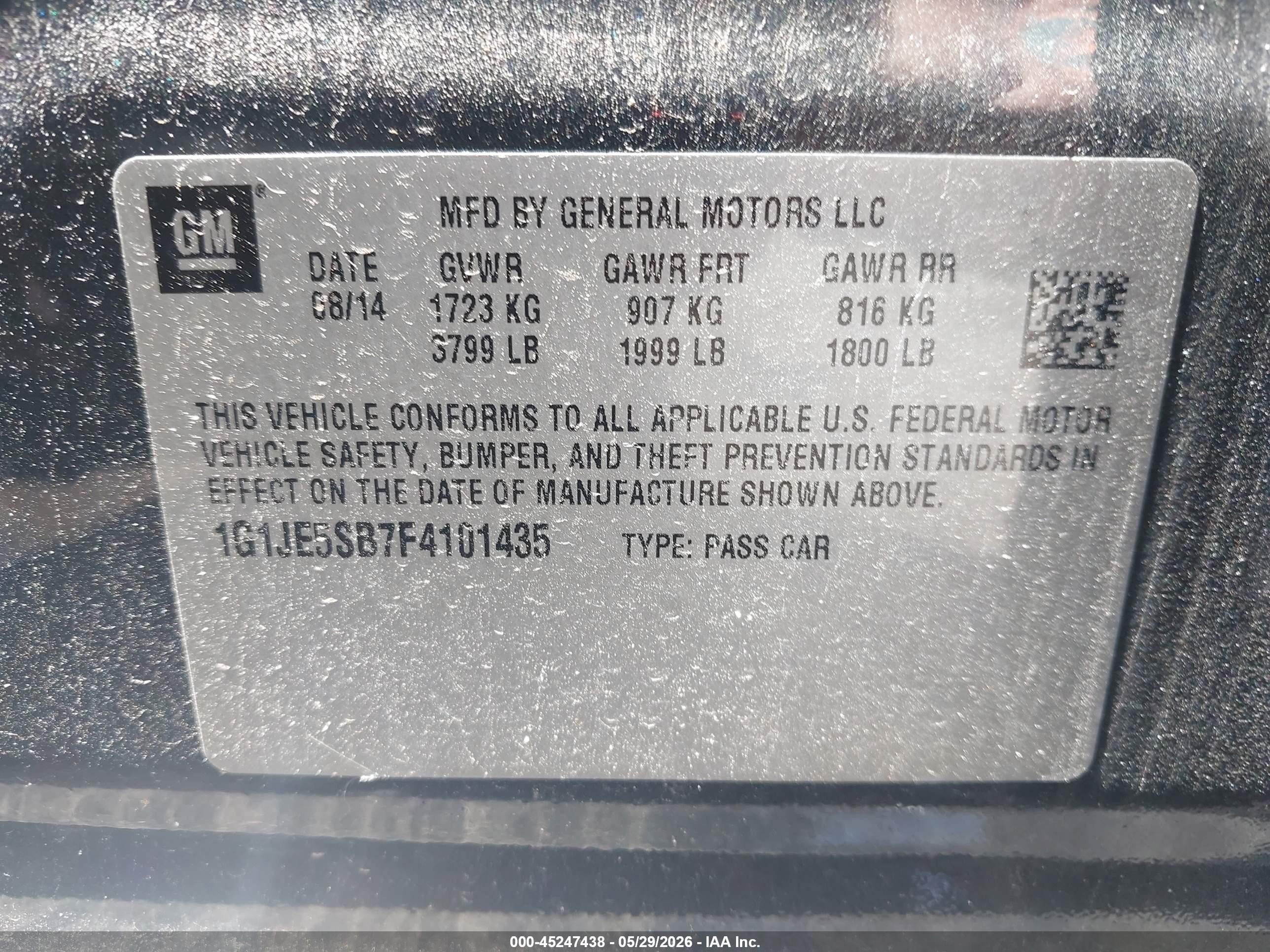 2015 Chevrolet Sonic Ltz Auto Серый vin: 1G1JE5SB7F4101435