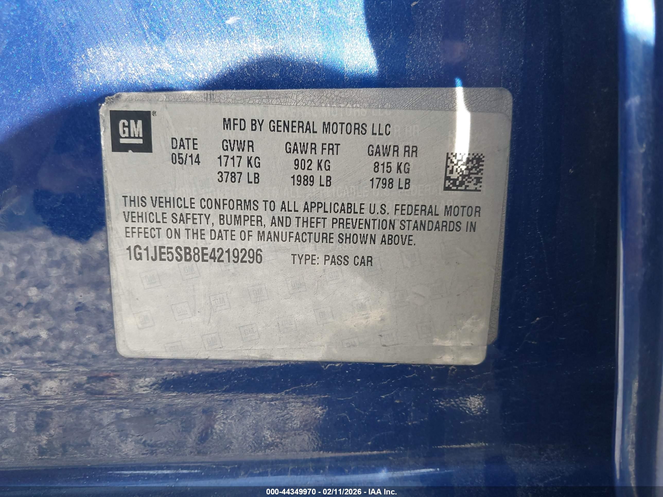 2014 Chevrolet Sonic Ltz Auto Blue vin: 1G1JE5SB8E4219296