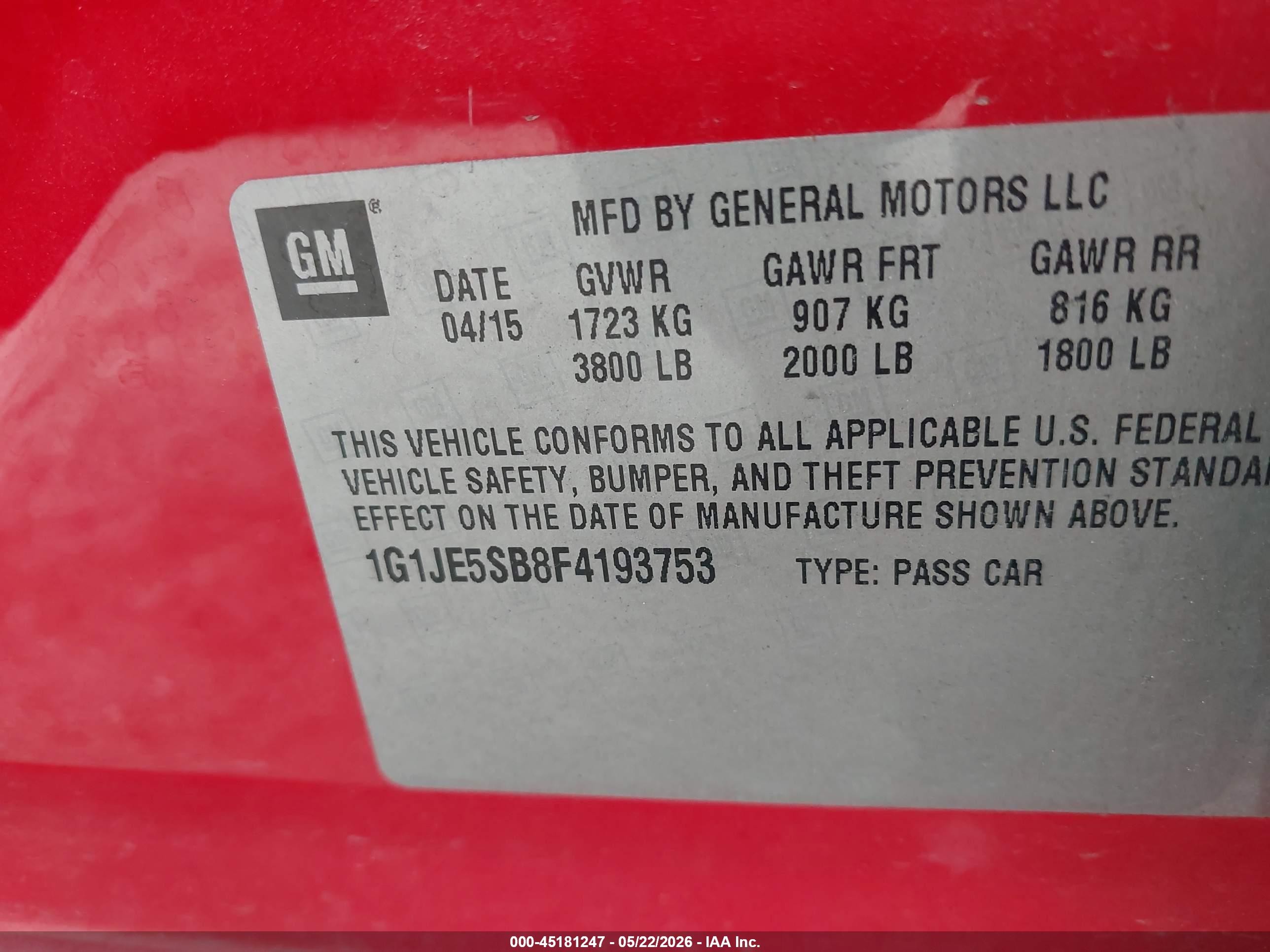 2015 Chevrolet Sonic Ltz Auto Red vin: 1G1JE5SB8F4193753