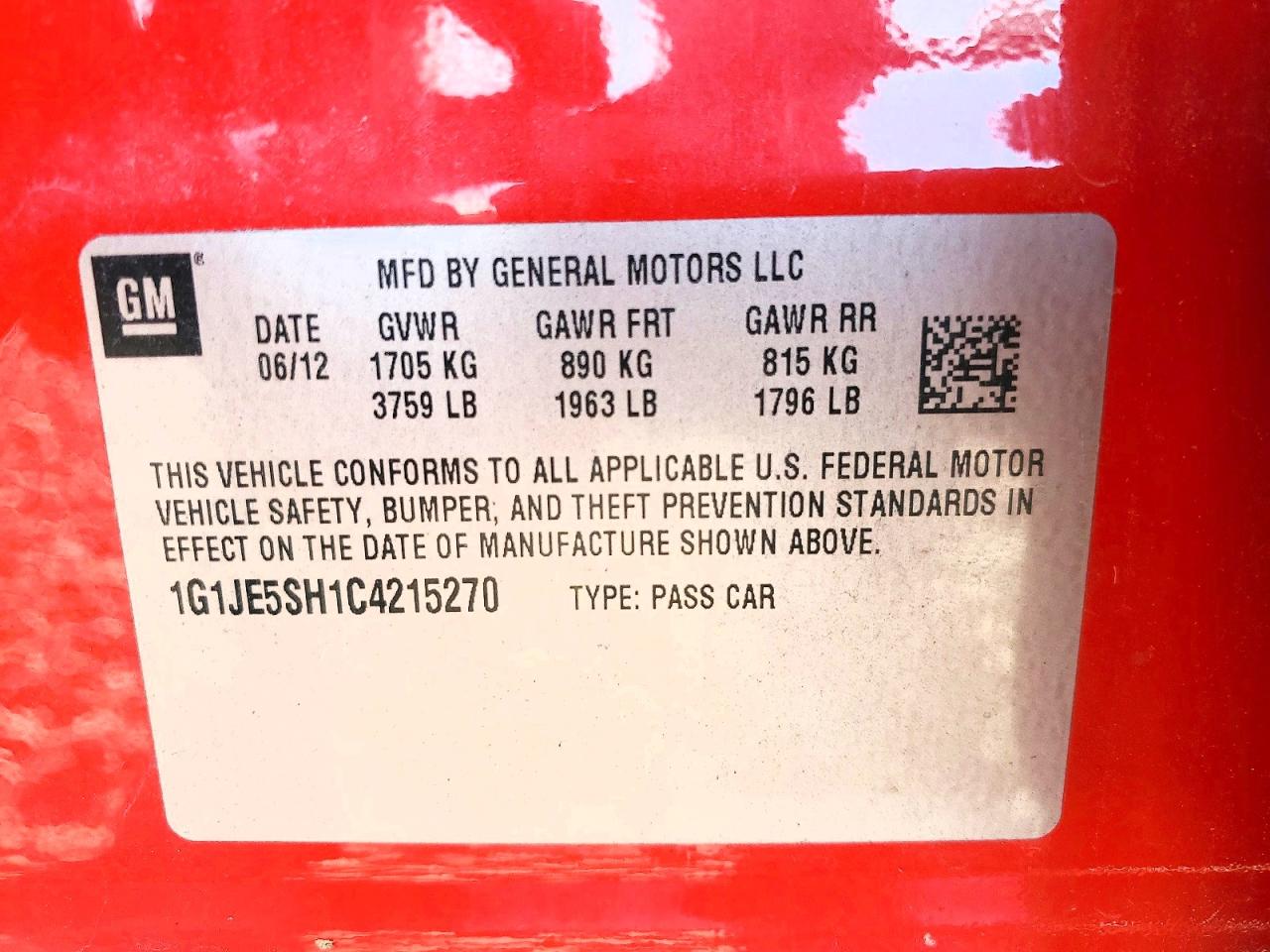 2012 Chevrolet Sonic Ltz Red vin: 1G1JE5SH1C4215270