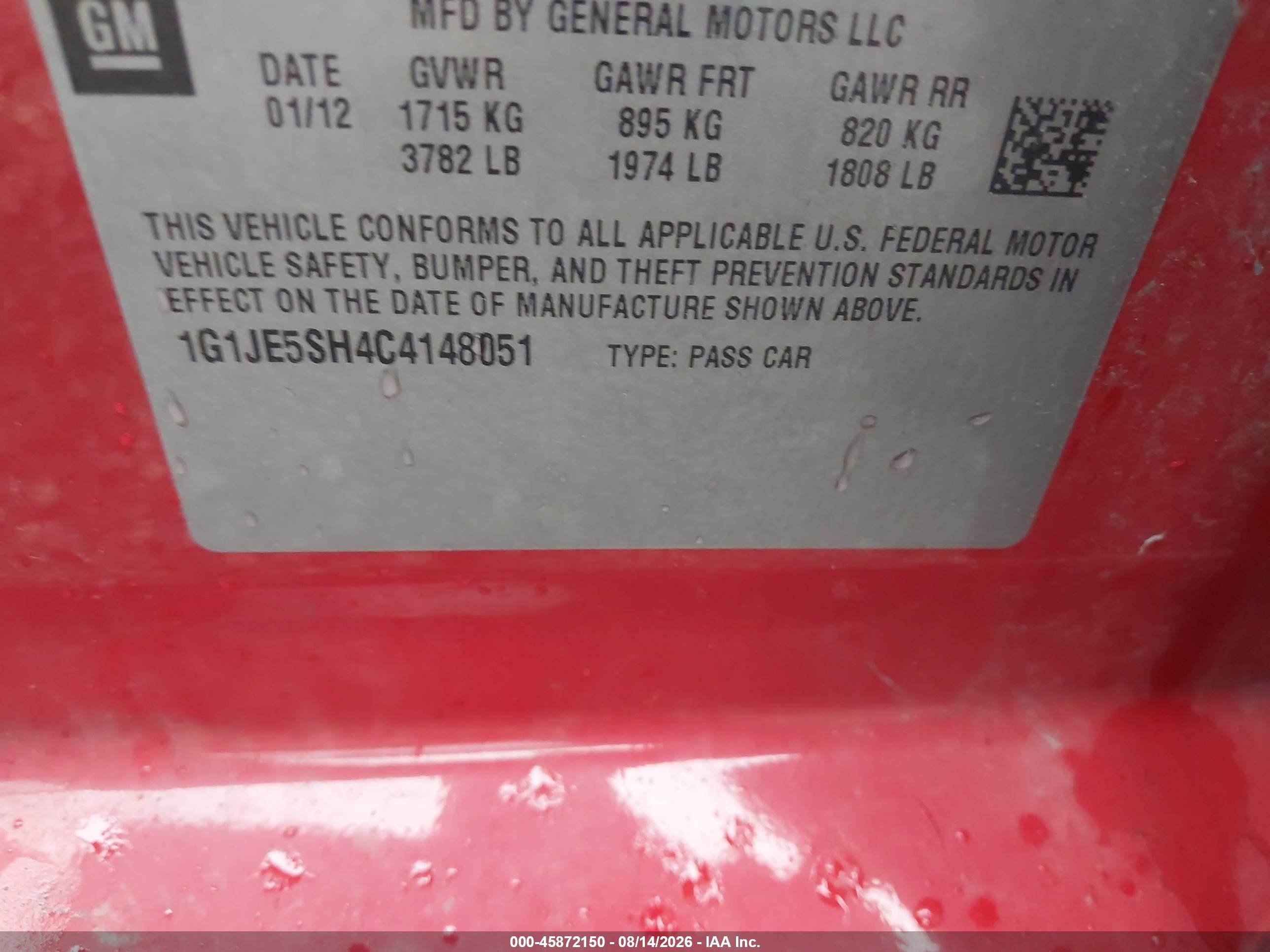 2012 Chevrolet Sonic 2lz Красный vin: 1G1JE5SH4C4148051