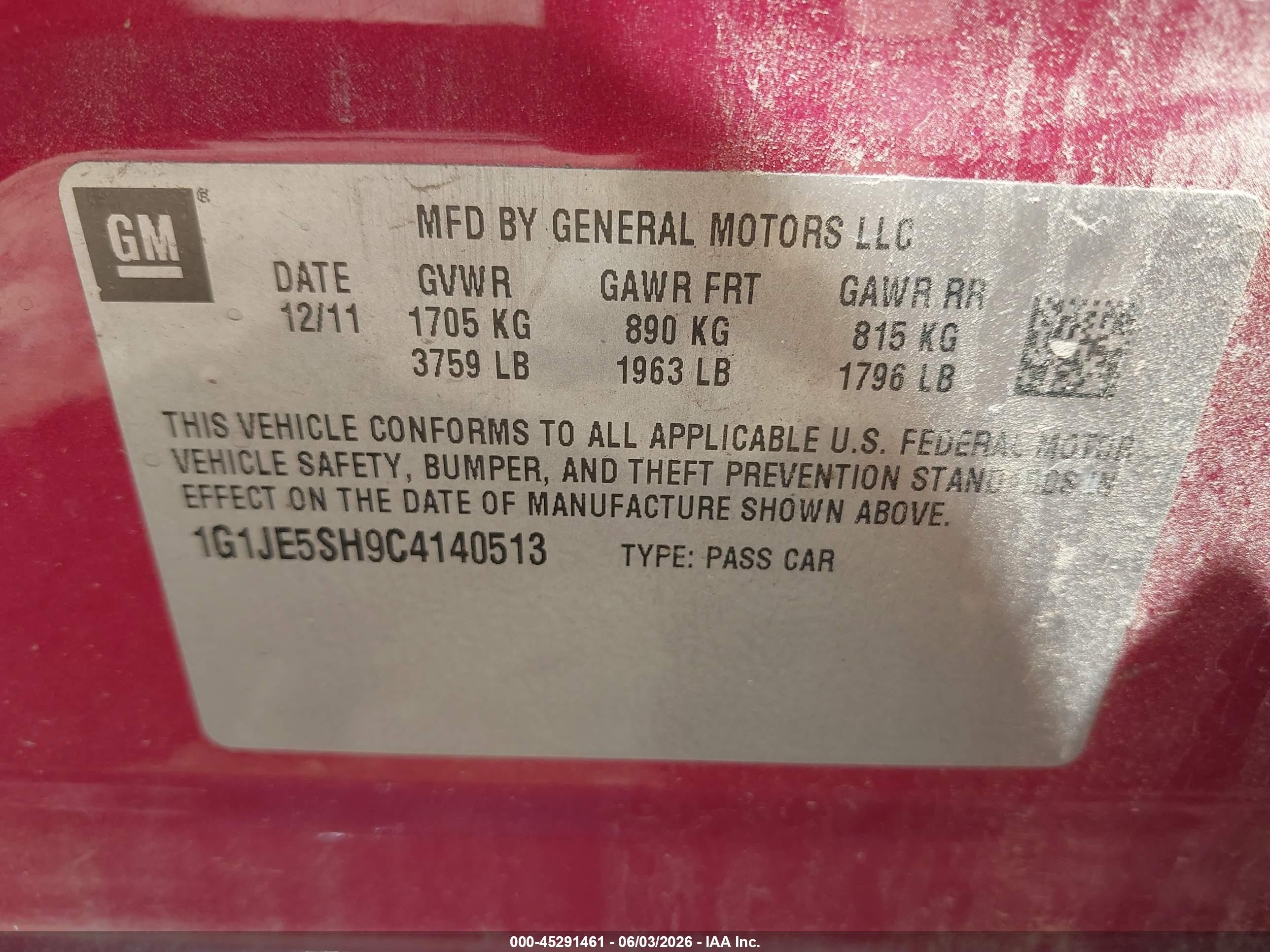 2012 Chevrolet Sonic 2lz Red vin: 1G1JE5SH9C4140513