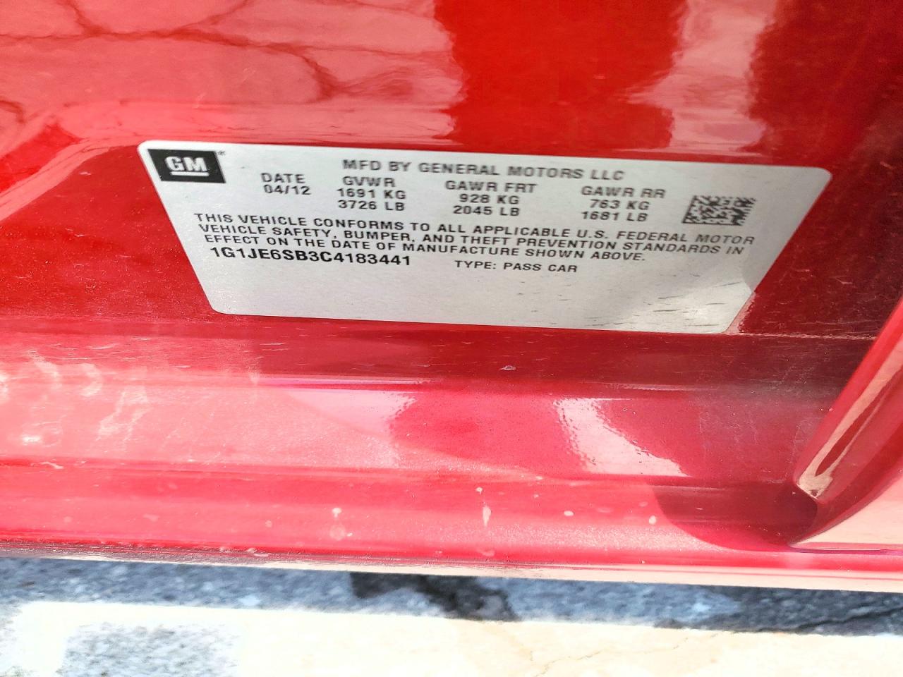 2012 Chevrolet Sonic Ltz Red vin: 1G1JE6SB3C4183441