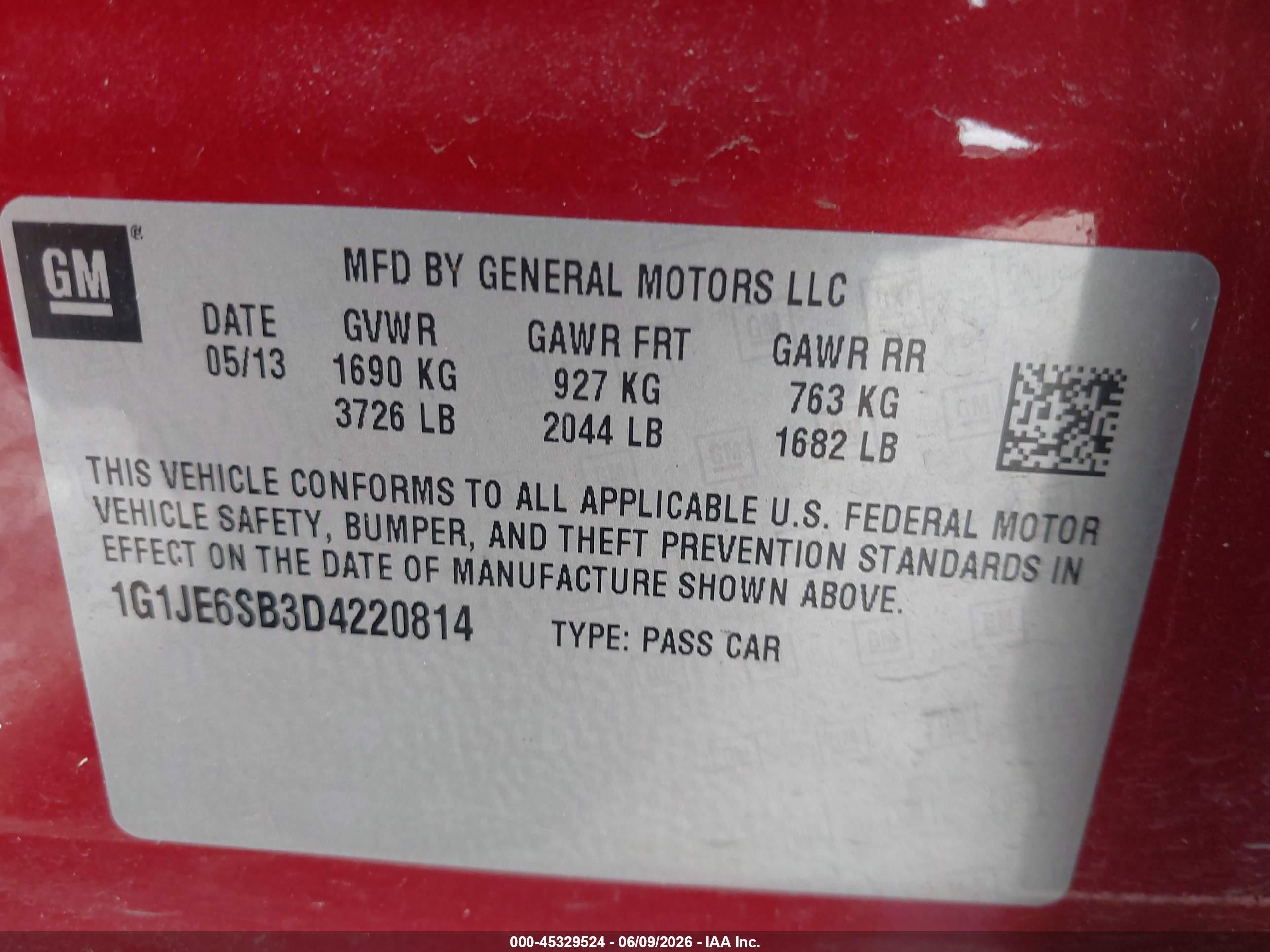 2013 Chevrolet Sonic Ltz Auto Red vin: 1G1JE6SB3D4220814