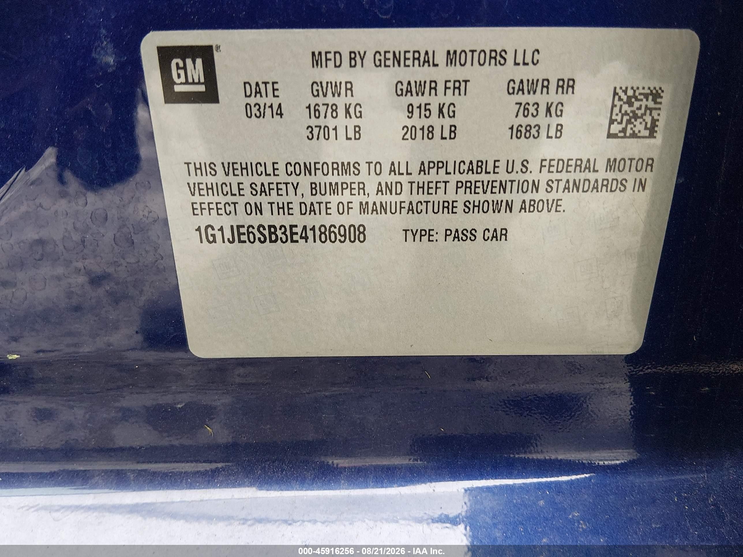 2014 Chevrolet Sonic Ltz Auto Blue vin: 1G1JE6SB3E4186908