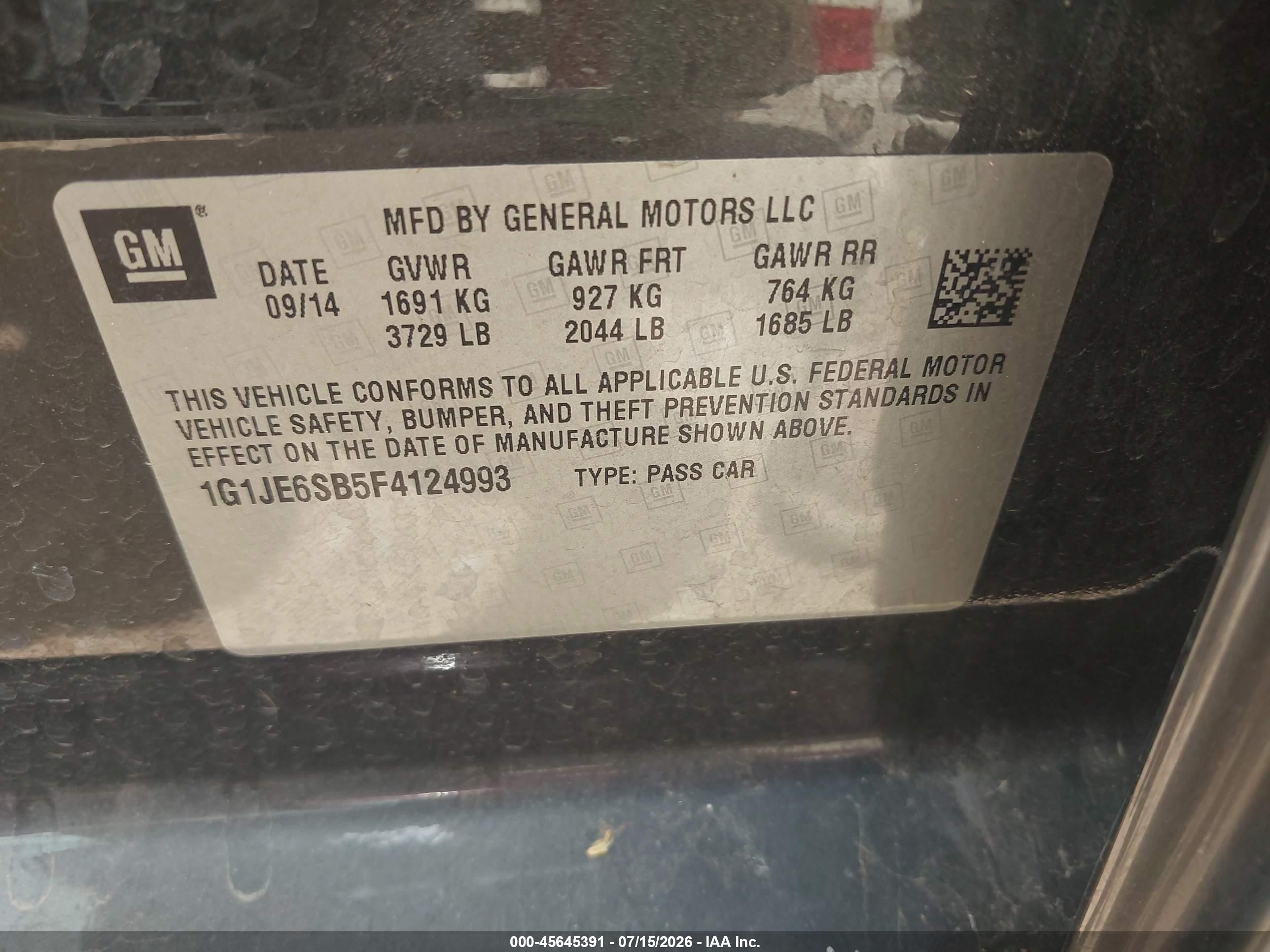 2015 Chevrolet Sonic Ltz Auto Черный vin: 1G1JE6SB5F4124993