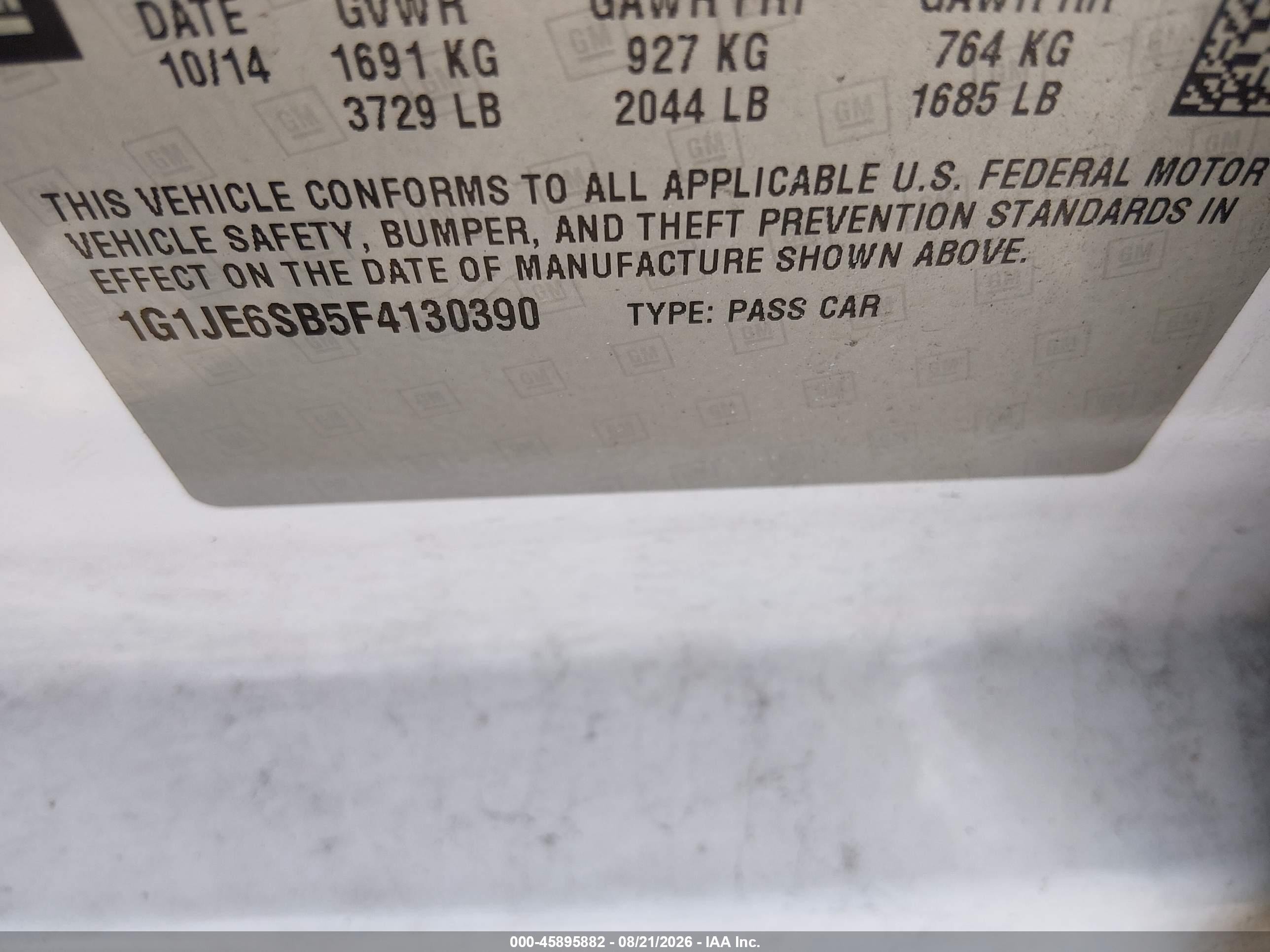 2015 Chevrolet Sonic Ltz Auto White vin: 1G1JE6SB5F4130390