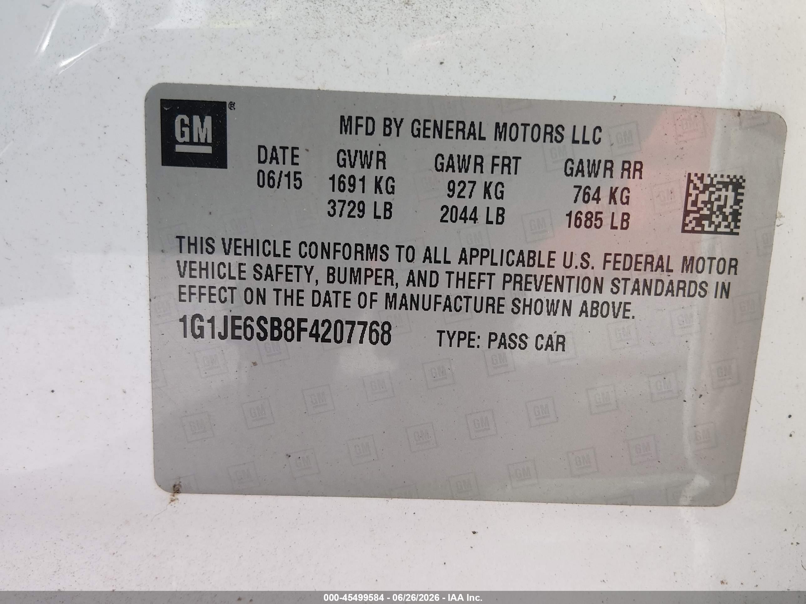 2015 Chevrolet Sonic Ltz Auto White vin: 1G1JE6SB8F4207768