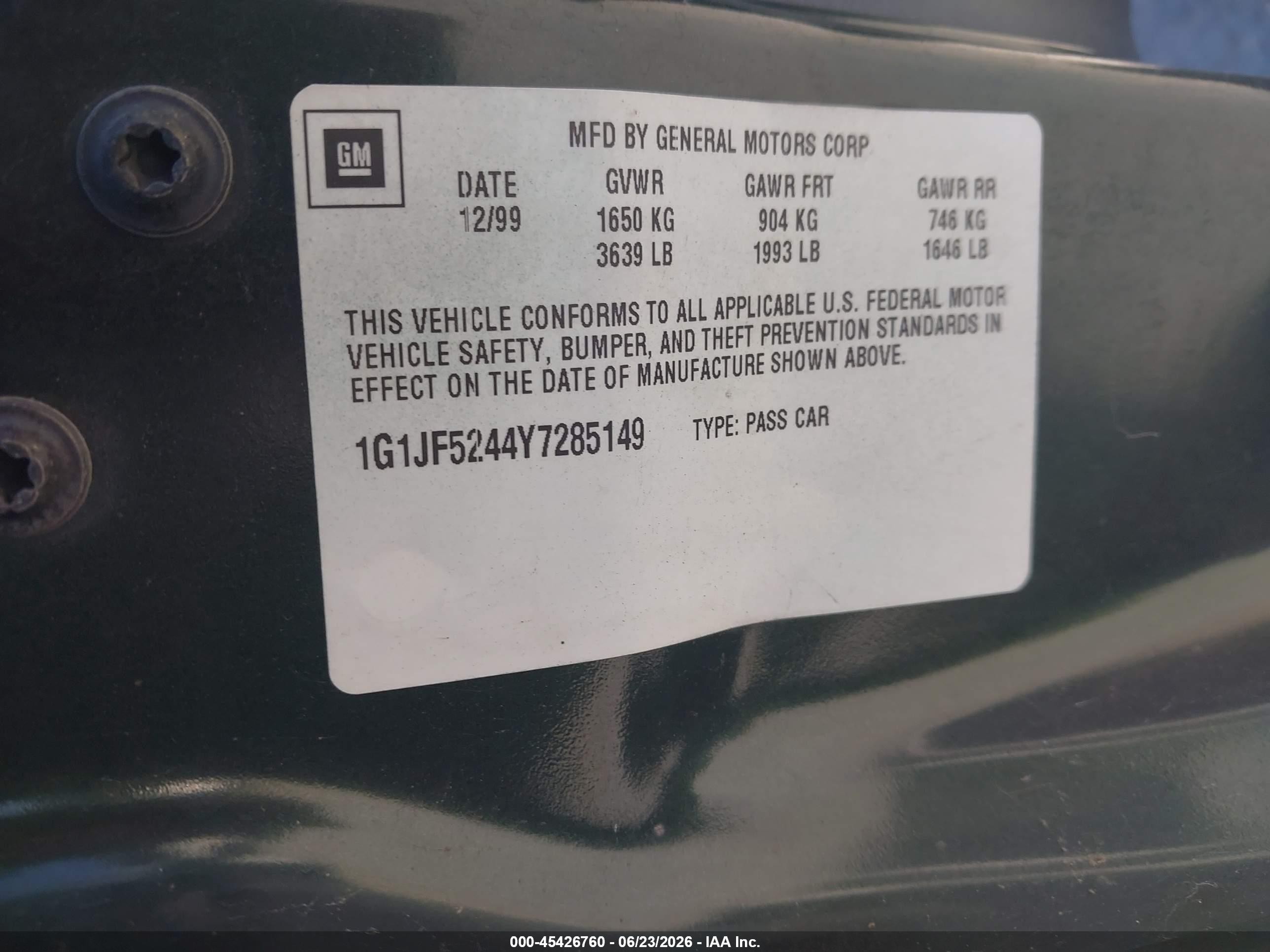2000 Chevrolet Cavalier Ls Green vin: 1G1JF5244Y7285149