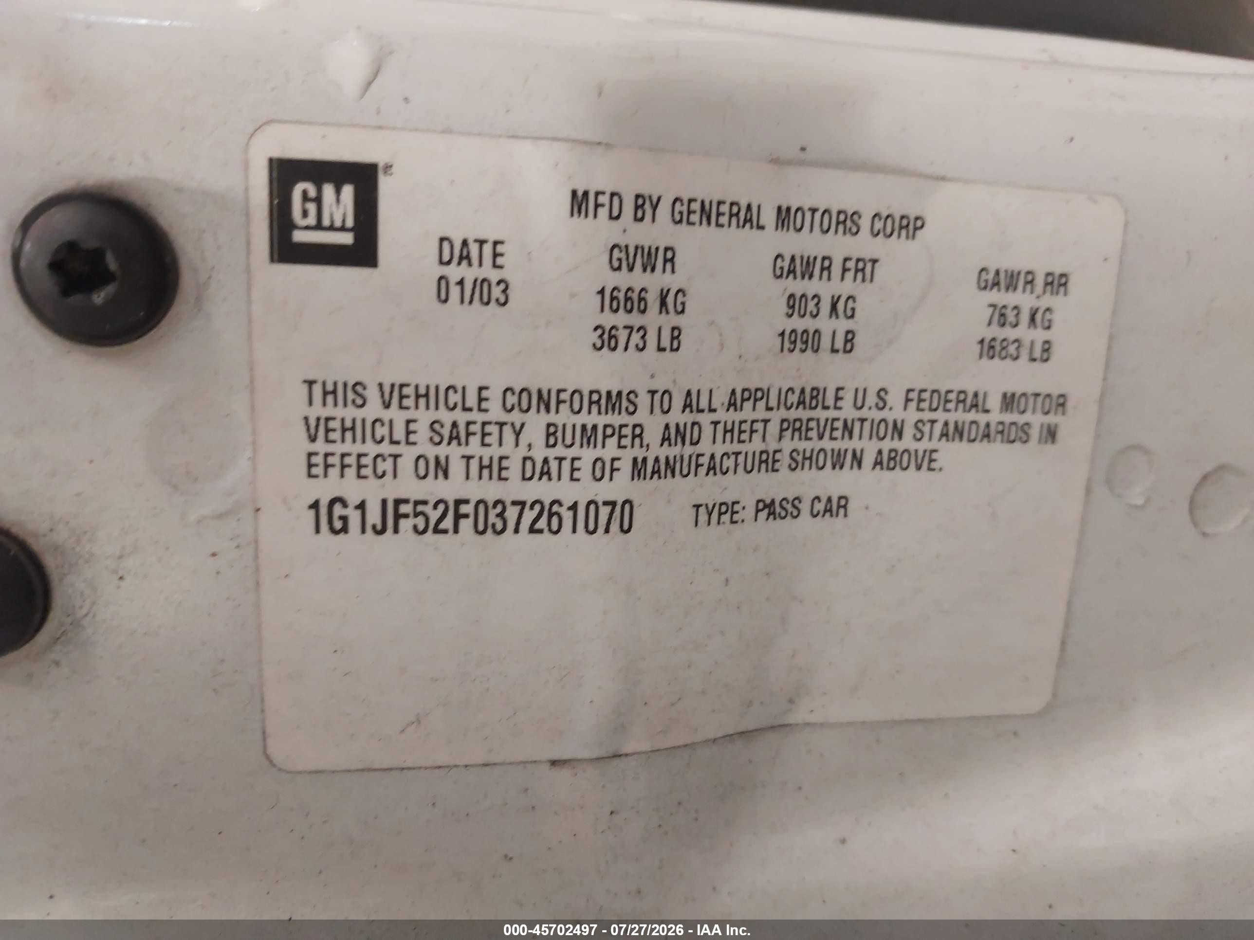 2003 Chevrolet Cavalier Ls White vin: 1G1JF52F037261070