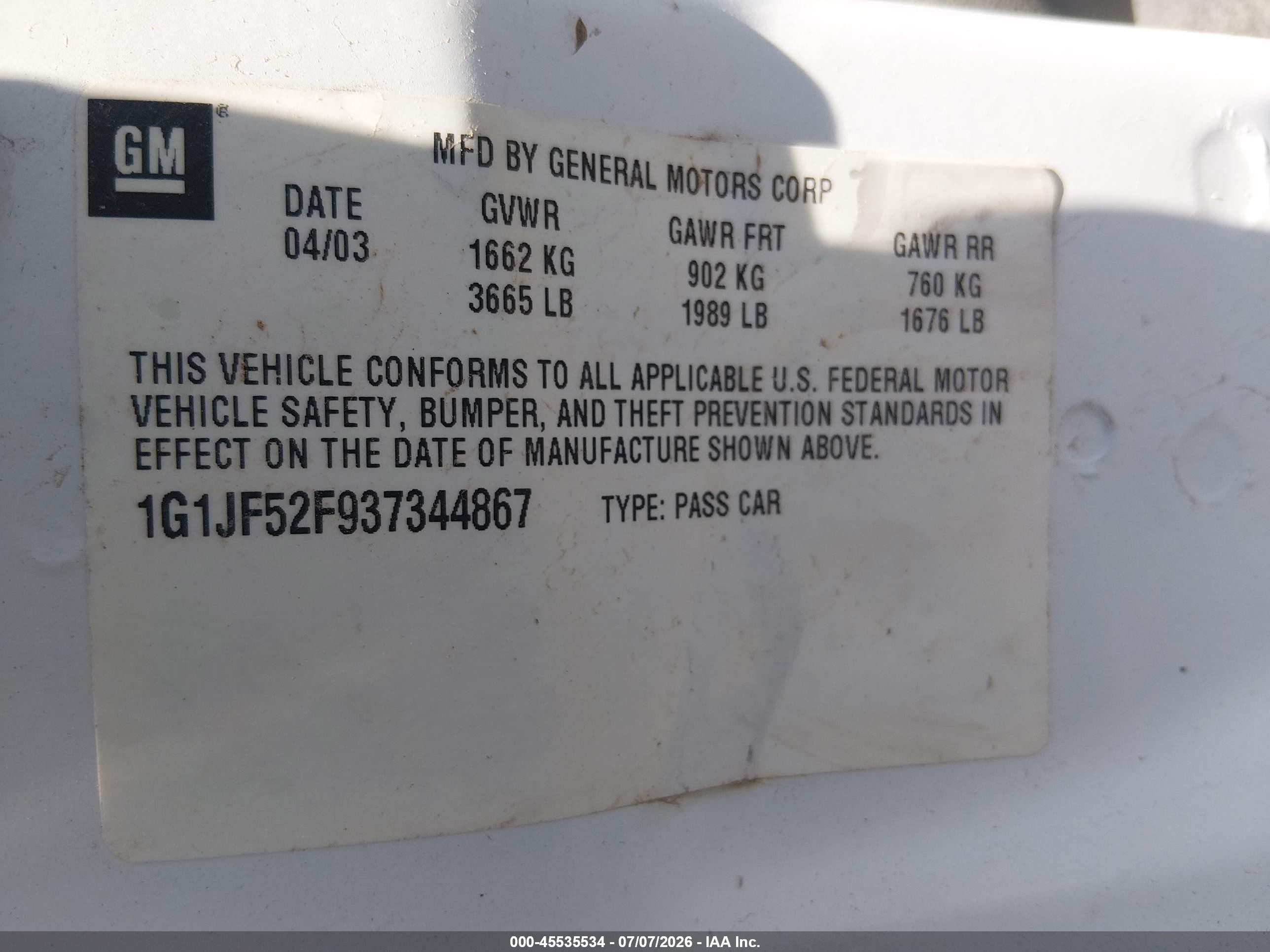 2003 Chevrolet Cavalier Ls White vin: 1G1JF52F937344867