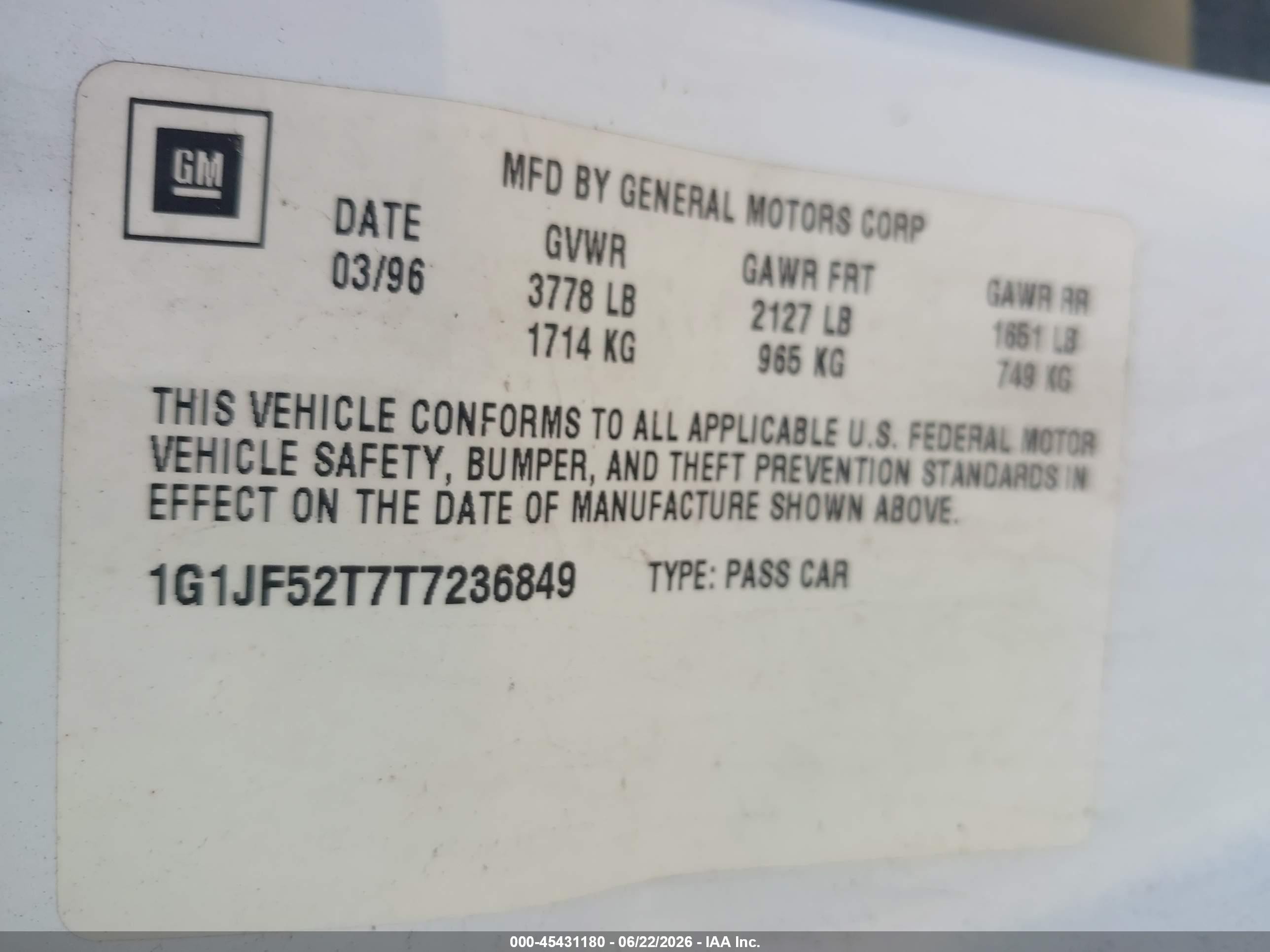1996 Chevrolet Cavalier Ls White vin: 1G1JF52T7T7236849
