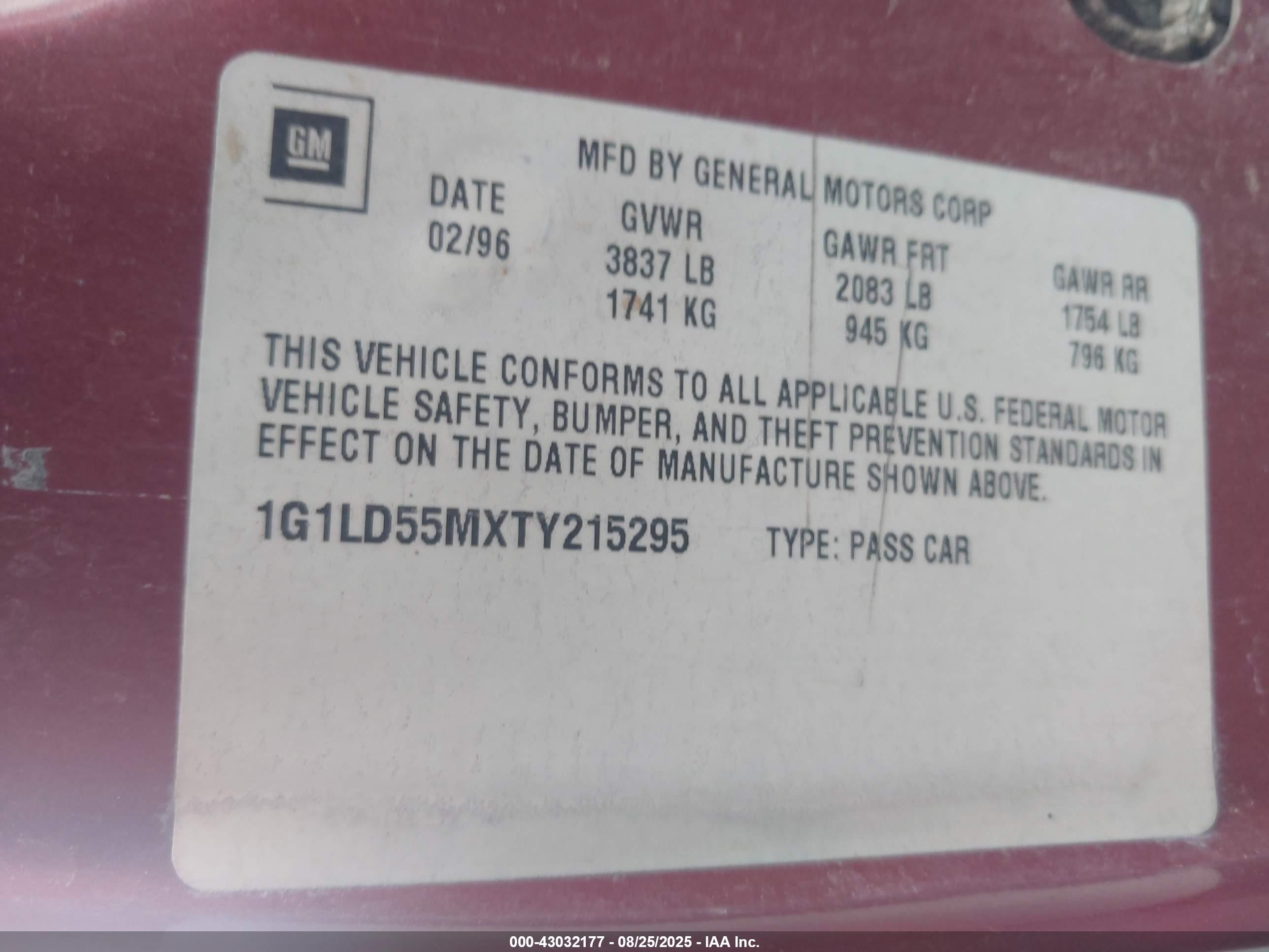 1996 Chevrolet Corsica   Red vin: 1G1LD55MXTY215295