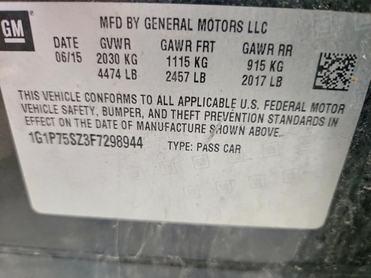 2015 Chevrolet Cruze Charcoal vin: 1G1P75SZ3F7298944