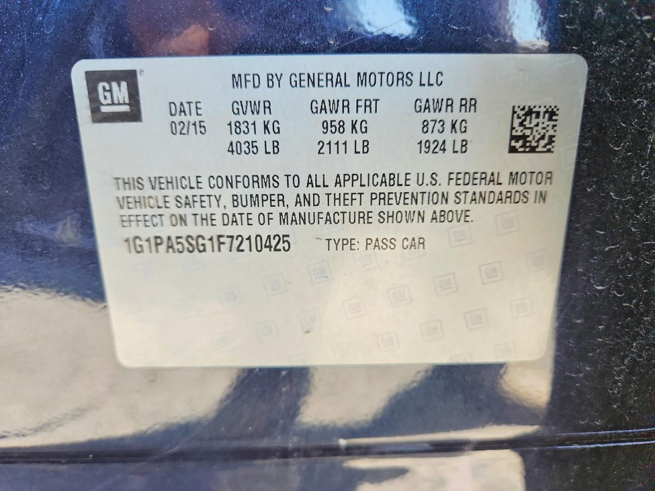 2015 Chevrolet Cruze Ls Blue vin: 1G1PA5SG1F7210425