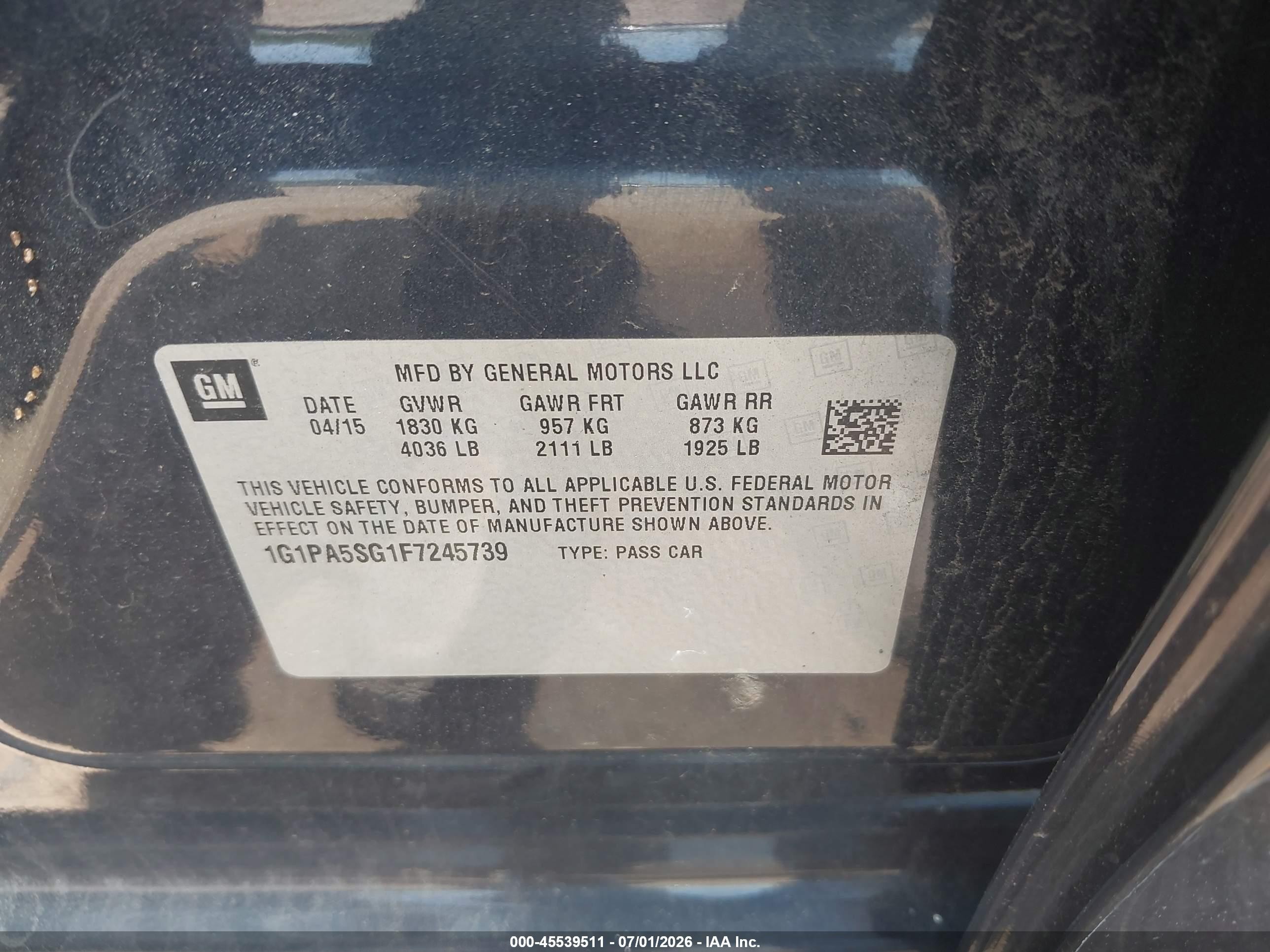 2015 Chevrolet Cruze Ls Auto Черный vin: 1G1PA5SG1F7245739
