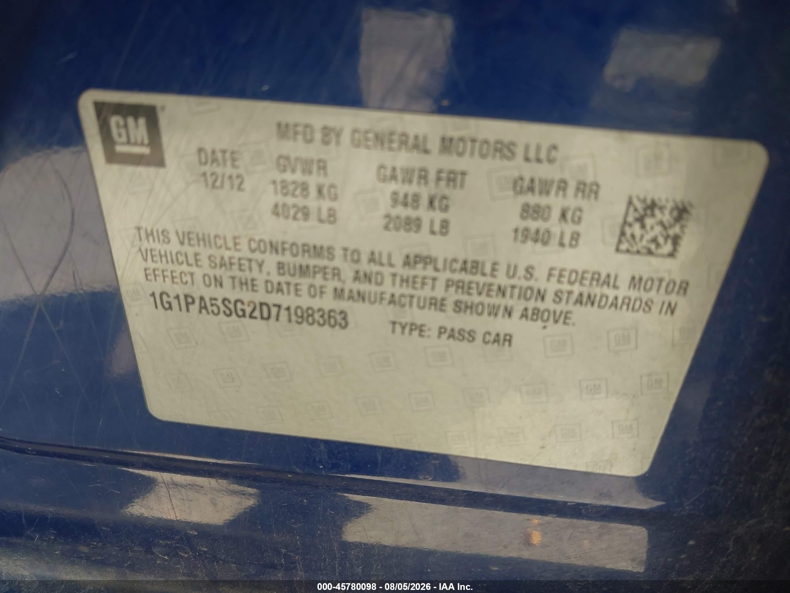 2013 Chevrolet Cruze Ls Auto Blue vin: 1G1PA5SG2D7198363