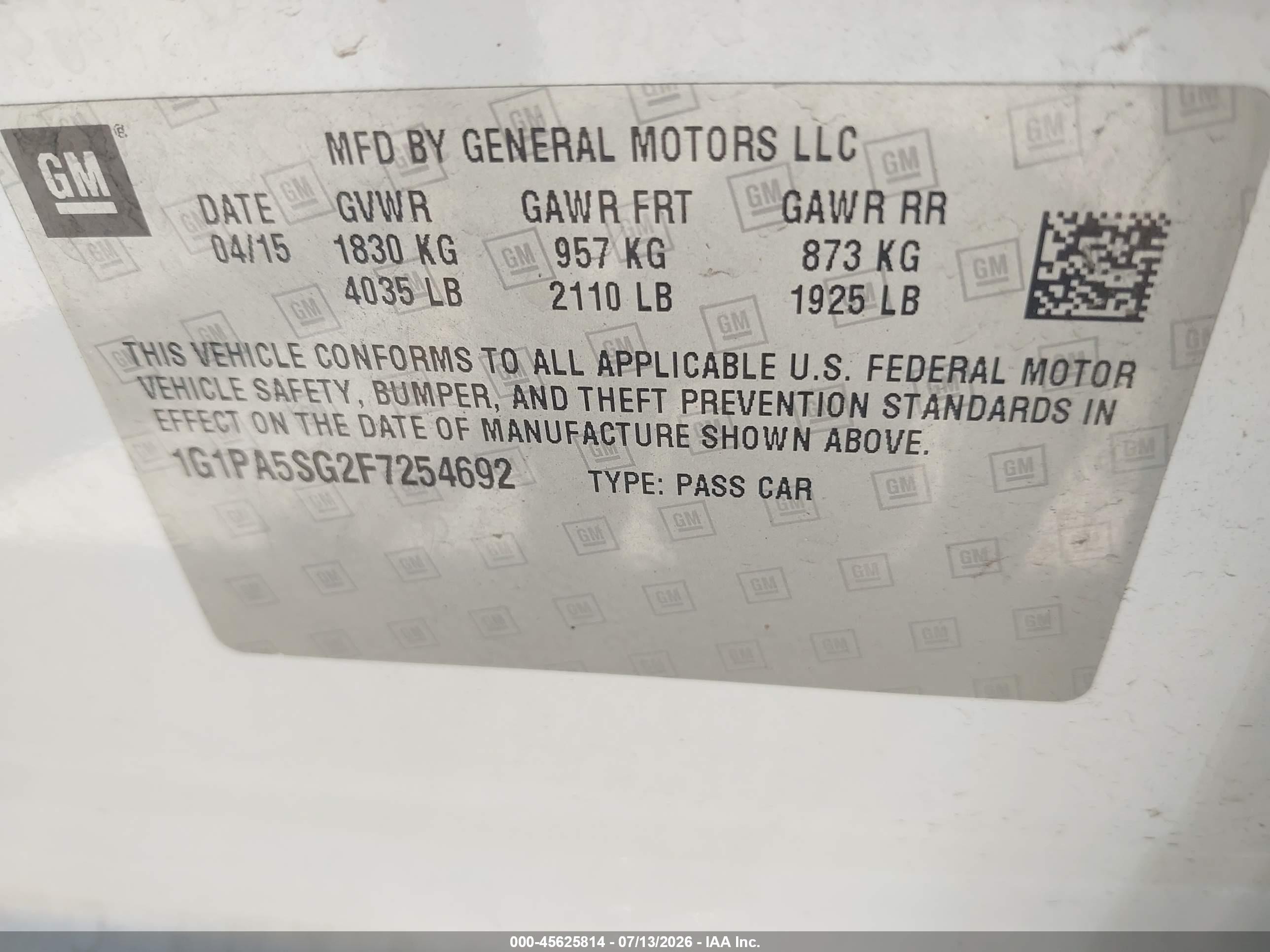 2015 Chevrolet Cruze Ls Auto White vin: 1G1PA5SG2F7254692