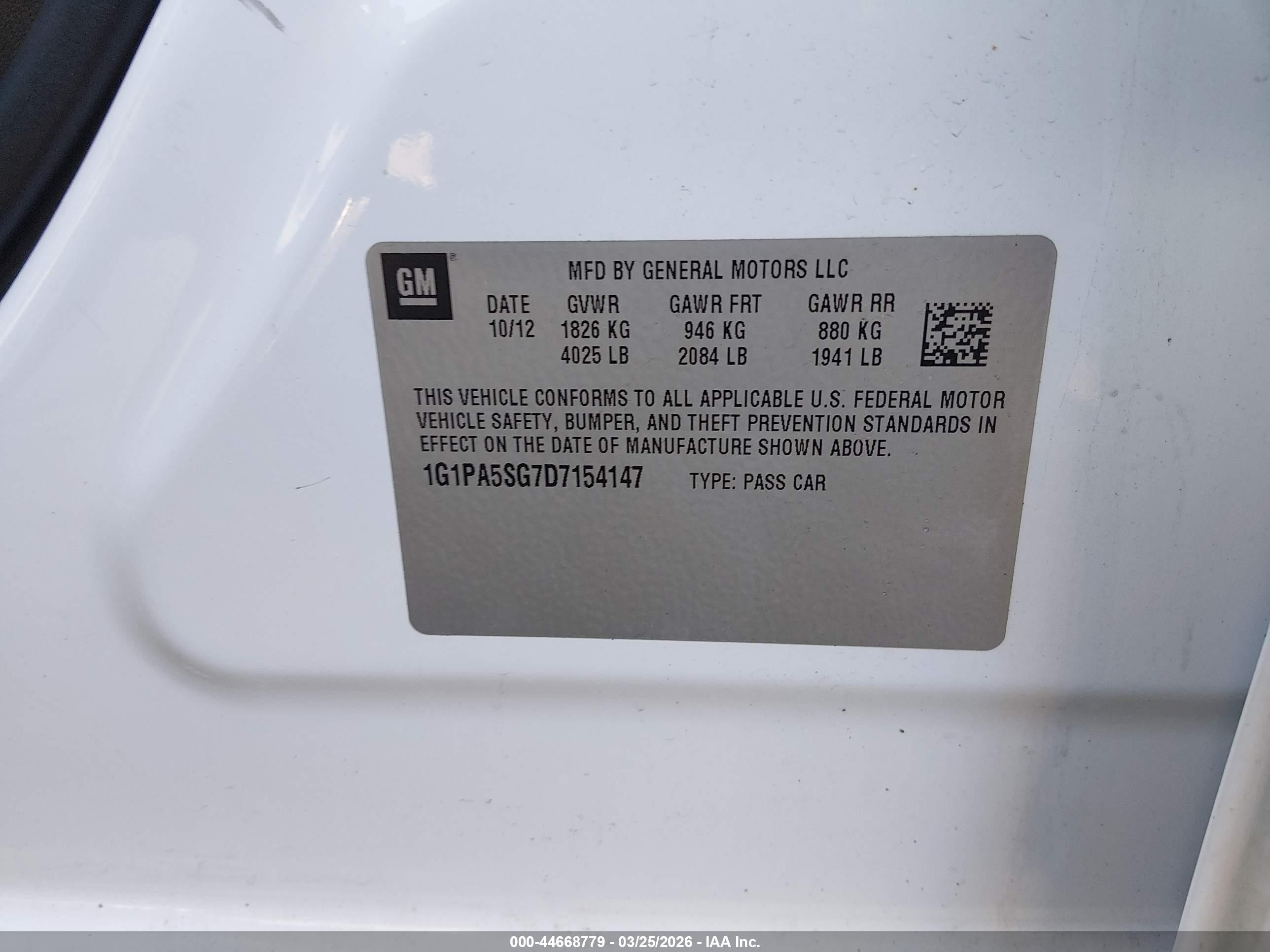 2013 Chevrolet Cruze Ls Auto White vin: 1G1PA5SG7D7154147