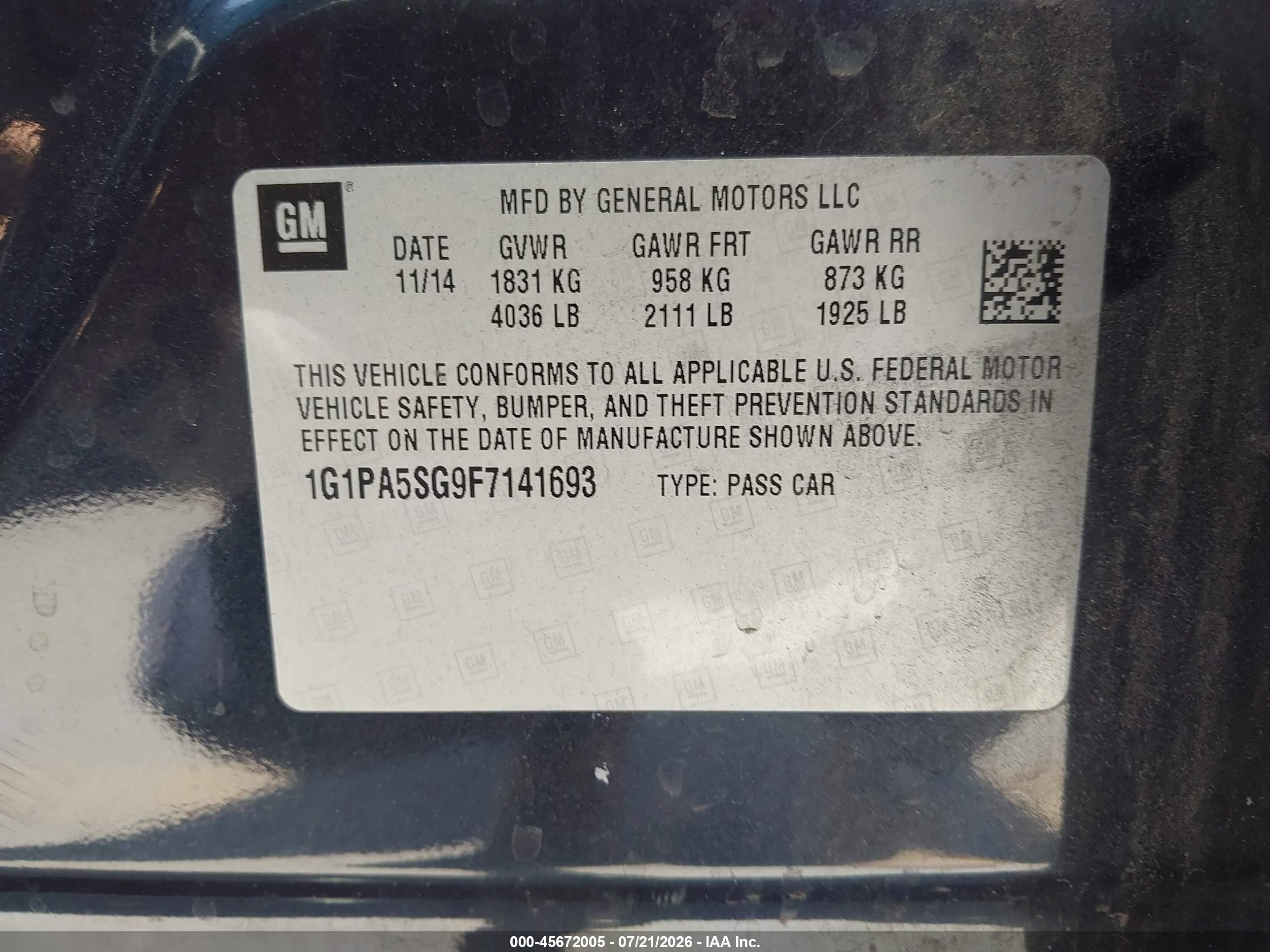 2015 Chevrolet Cruze Ls Auto Dark Blue vin: 1G1PA5SG9F7141693