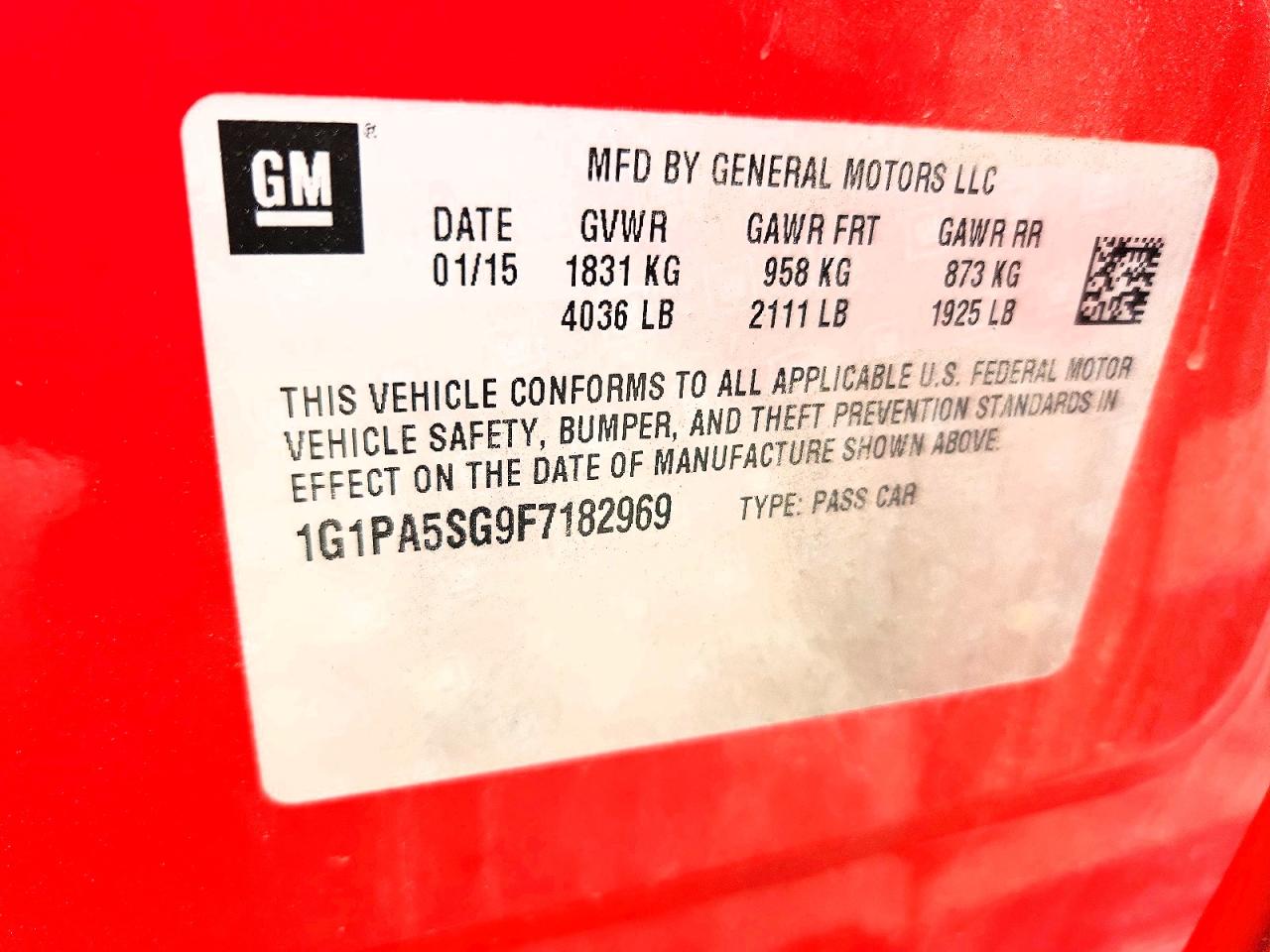 2015 Chevrolet Cruze Ls Red vin: 1G1PA5SG9F7182969