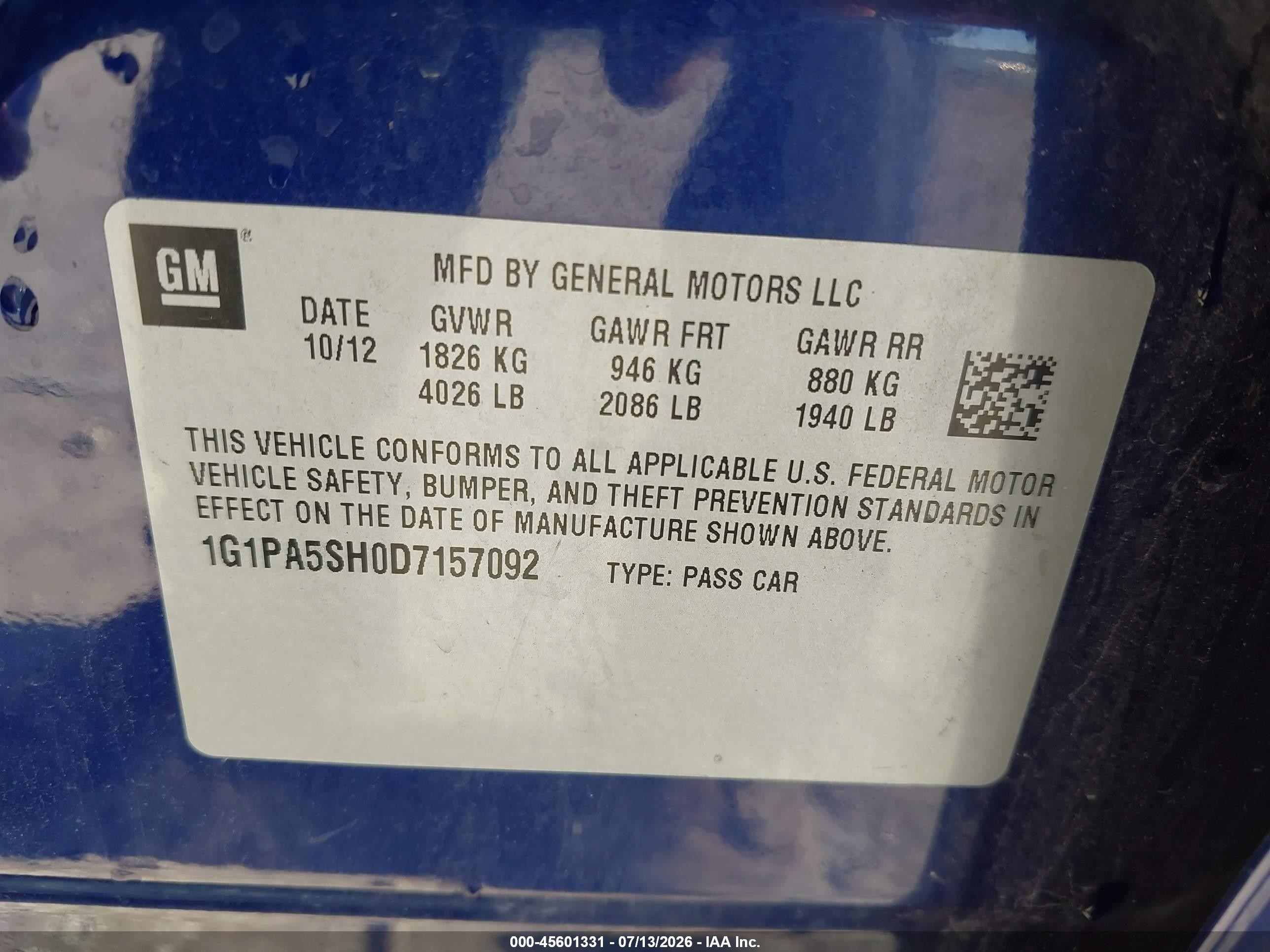 2013 Chevrolet Cruze Ls Auto Blue vin: 1G1PA5SH0D7157092