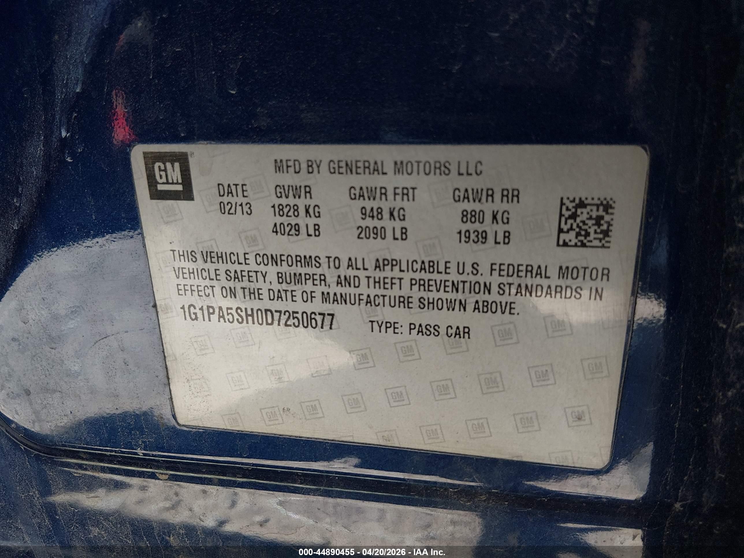 2013 Chevrolet Cruze Ls Auto Blue vin: 1G1PA5SH0D7250677