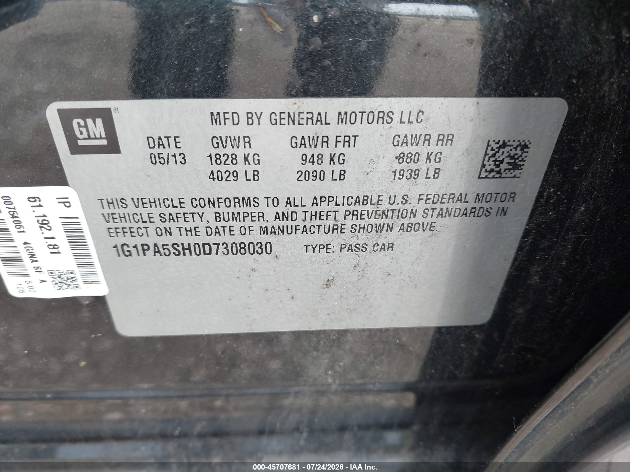 2013 Chevrolet Cruze Ls Auto Черный vin: 1G1PA5SH0D7308030