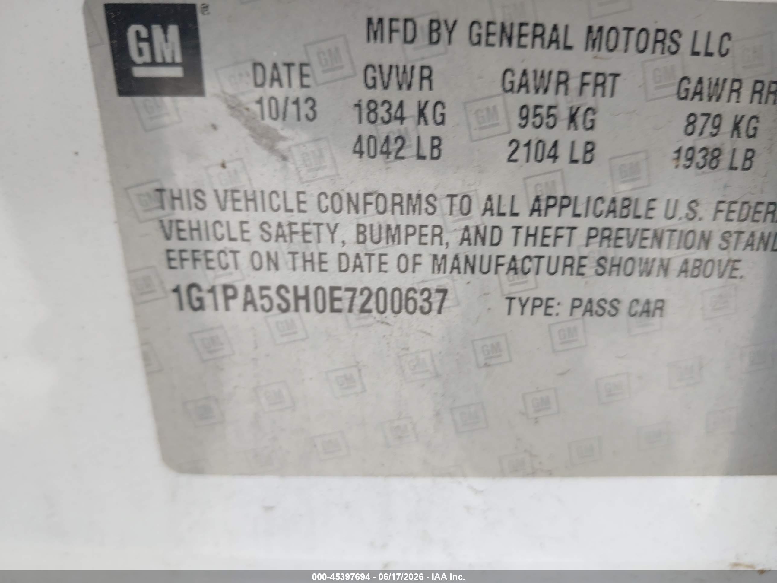 2014 Chevrolet Cruze Ls Auto White vin: 1G1PA5SH0E7200637