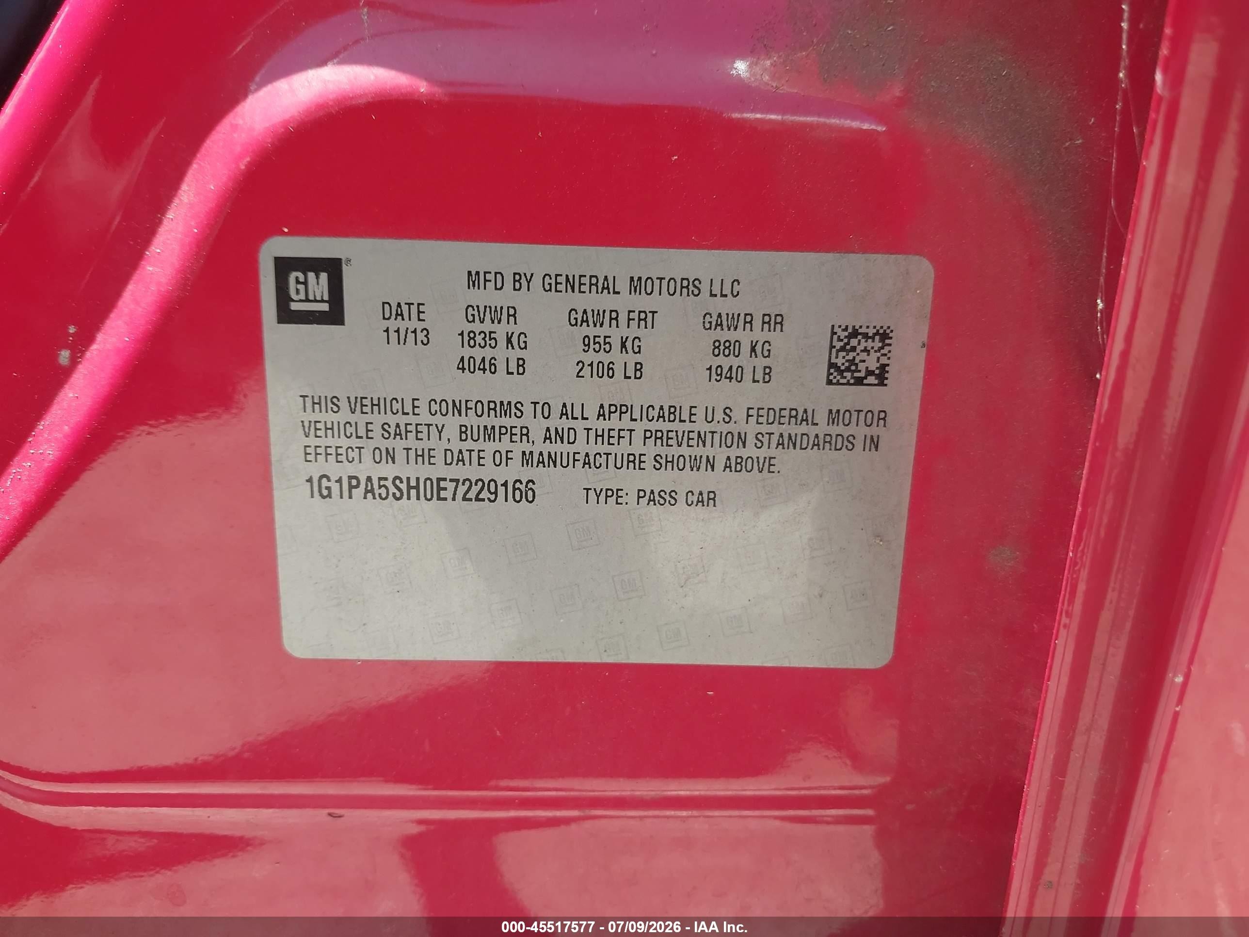 2014 Chevrolet Cruze Ls Auto Red vin: 1G1PA5SH0E7229166
