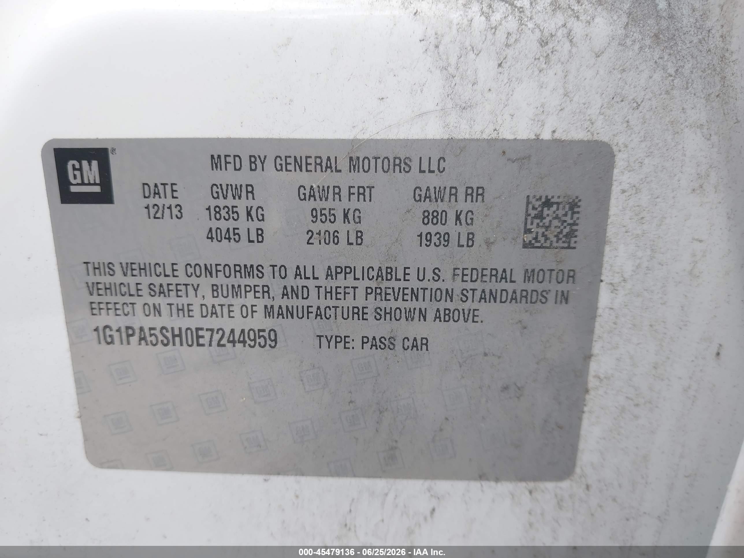 2014 Chevrolet Cruze Ls Auto White vin: 1G1PA5SH0E7244959