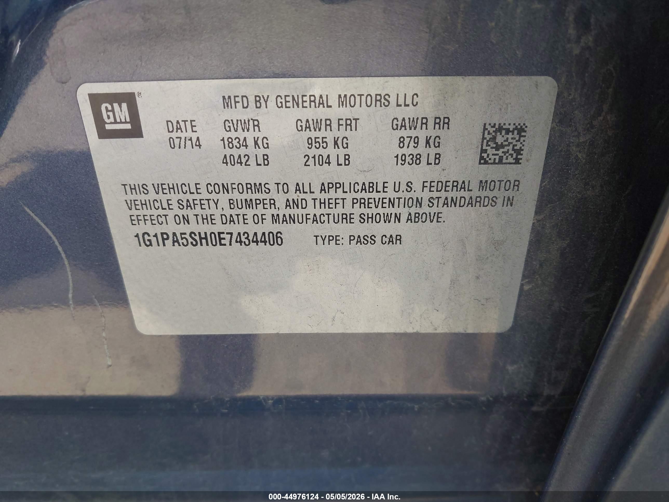 2014 Chevrolet Cruze Ls Auto Dark Blue vin: 1G1PA5SH0E7434406